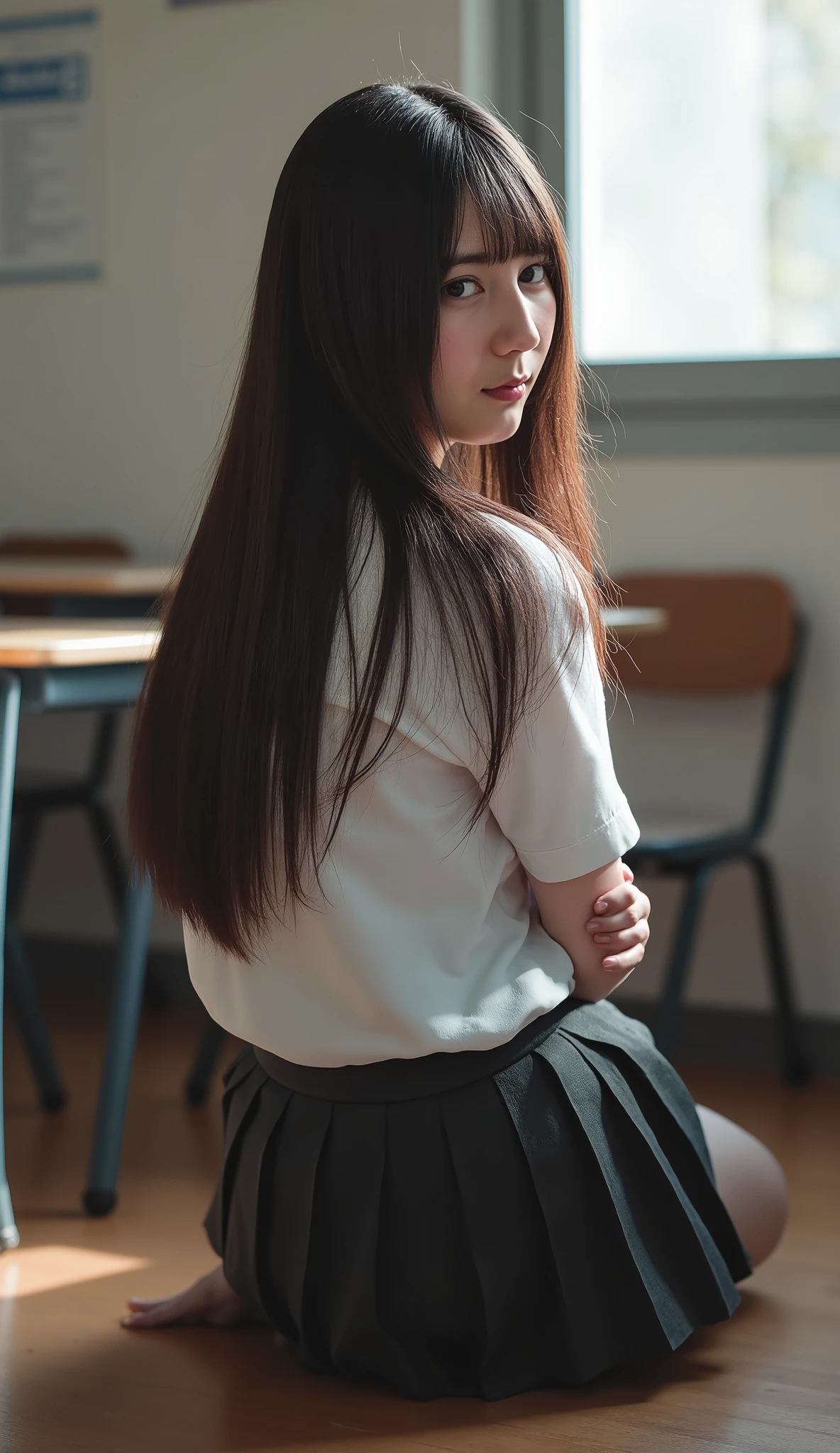high resolution pictures,8k,masterpiece,best quality, detailed description, Photorealistic, complicated details, natural light, 1 girl crouching, school's, long hair, ( school's机の上に手をつないで立っている , from behind, turn around, Twisted Torso , Asfocus), She smiled slightly, indoors,classroom,