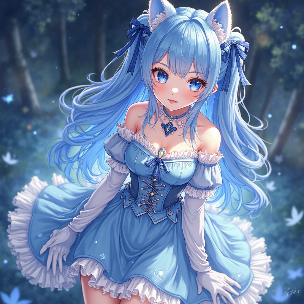 (Masterpiece) (High Detail) (High Res) A short petite humanoid girl with pale human skin and blue eyes and long blue hair and blue dog ears and a fluffy dog tail is wearing a french maid outfit. A black dress with white lace around the edges.