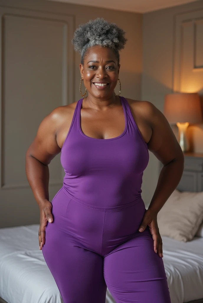 an african american woman with a smile on her face, taken in the late 2010s, 30-year-old woman, aida muluneh-tessa thompson-chandra wilson-octavia spencer-christina milian-luna lauren velez-shar jackson-monica raymund-dana davis-lesley ann brandt-luciana carro-fantasia barrino-elise neal-jessica lucas merged, entire body visible, short and stocky body, fat, chubby, thick, very bottom heavy, wearing a purple long sleeve shirt and leggings, entire body visible, full body, hyperrealistic, best quality, 8K, real human skin, masterpiece, extremely intricate, detailed eyes, detailed face, detailed body, exaggerated features, pronounced features, fujifilm