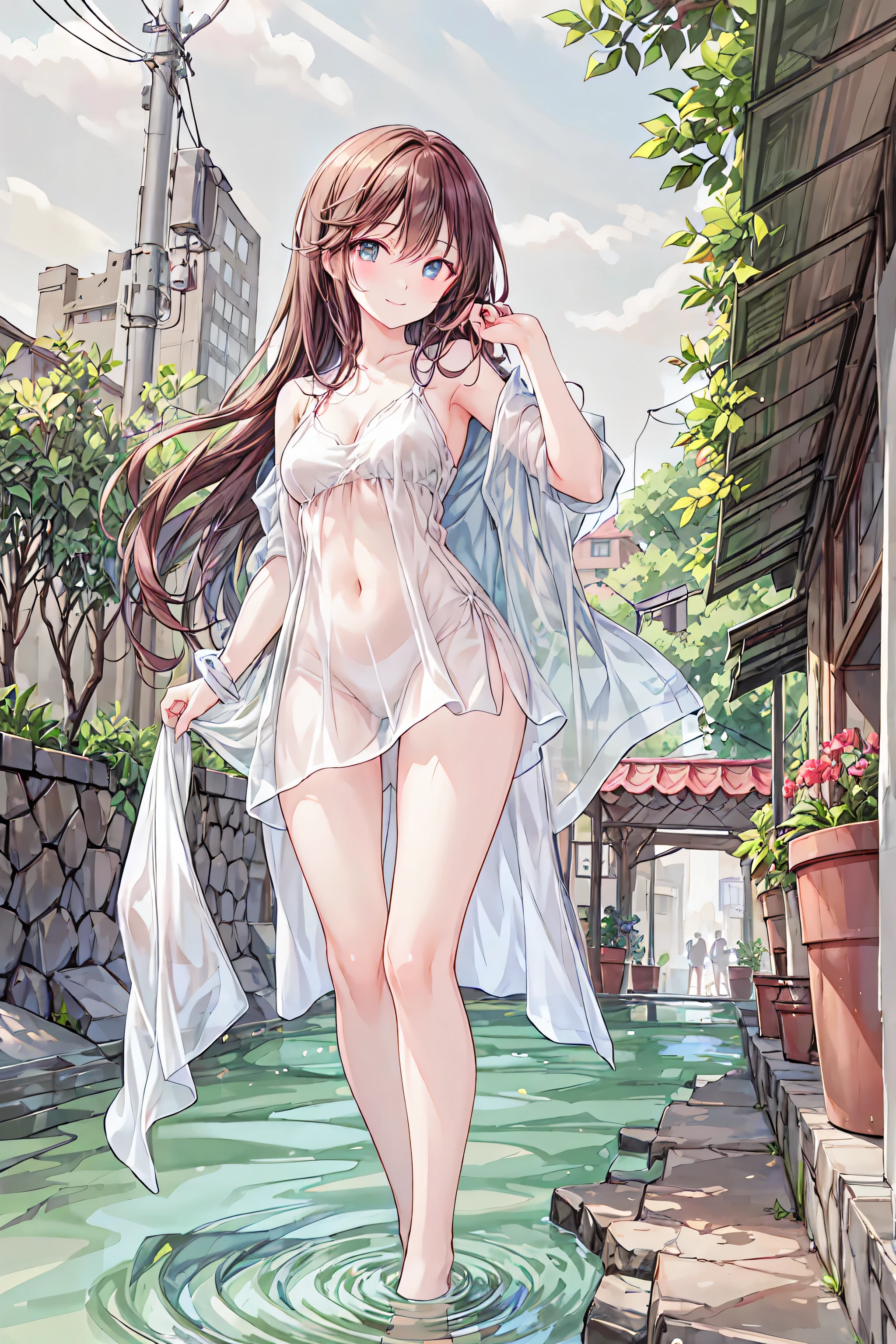 masterpiece,best quality,absurdres,
1girl,(solo:1.1),beautiful detailed girl,fine and beautiful detailed skin,blunt bangs,thighhighs,walking,long hair,no pants,(white panties:1.2),pussy,( from below:1.1),wet panties,wet and messy,see-through panties,covered nipples,
extremely detailed beautiful background,CG,8K wallpaper,full body,perky breasts,collarbone,flower necklace,floral background,petals,vines,smile,;3,cleavage,high heels,garden of the sun,
ray tracing,no shoes,outdoors,