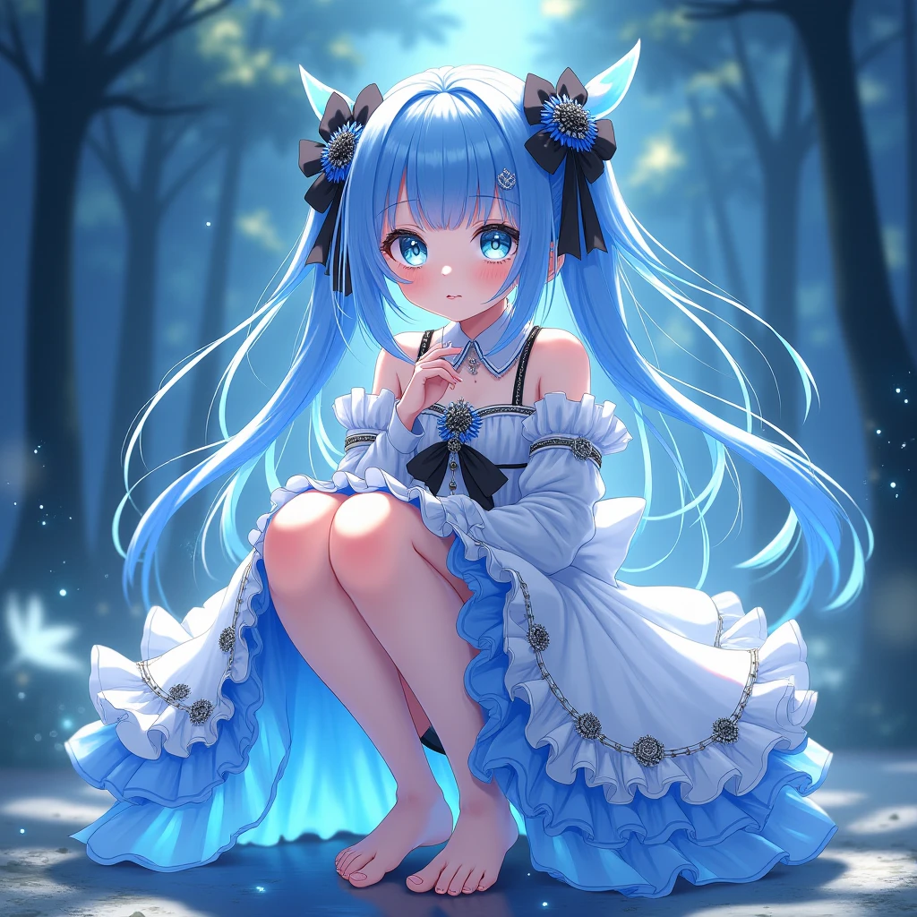 Girl with long light blue hair、Small and cute girl、Holding a large trunk、Deep blue eyes、Staring at me with cold eyes