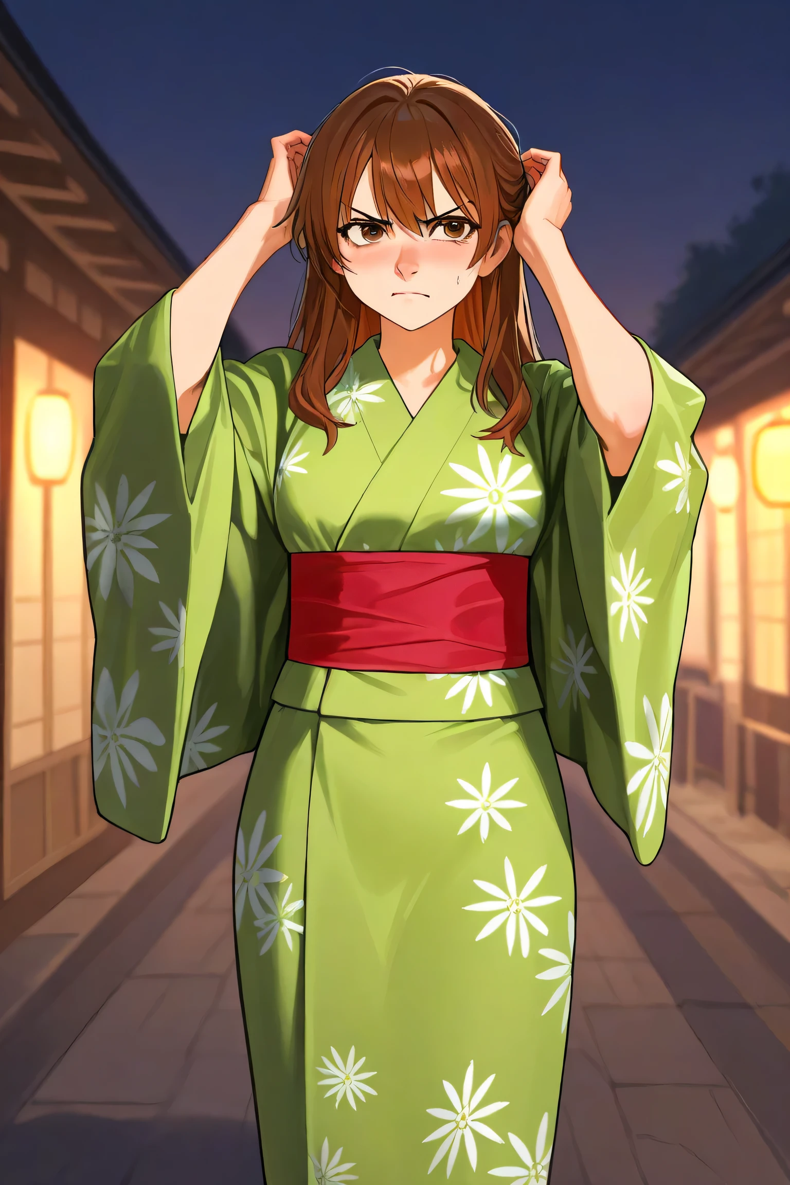 Angry anime woman, very fat, long brown hair, very small brown eyes, very very big nose, very fat, wearing a green Japanese traditional costume