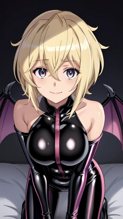 Erotic Tall busty blonde with twin tails, mature married woman, female executive in shiny purple rubber suit, red heart on black background, bedroom, dark theme, evil, temptation, excitement, condescending smile, sexy pose, upper body emphasis, angle from below, bat wings, succubus