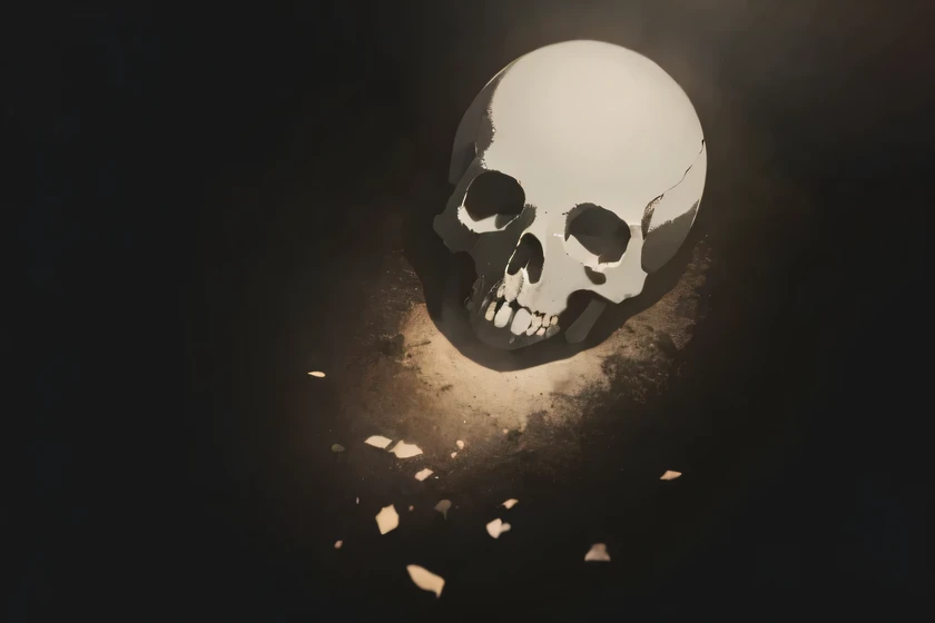 Darkness,human skull placed in the middle,Light shining in from above, Comic Style, illustration style,Best Quality,4K,ultra-fine paint,Photographic Reality,Professional,vivid colors,Bokeh,dark tones,dark fantasy,Digital Art、White rose fluttering down