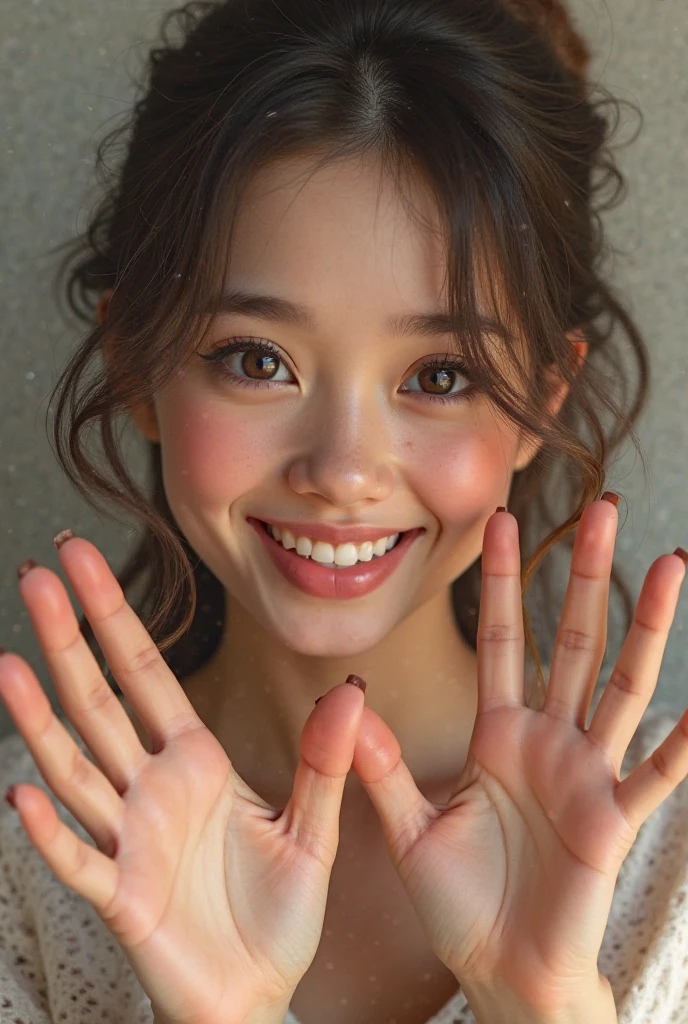 (((upper body shot))),Ultra-high resolution,big eyes,((brown eyes)),Japanese,(forehead),(a girl),(1 girl),((17 years old)),(cute),pretty,((facing at viewer)),arms behind back,grin,(((black shirt)))