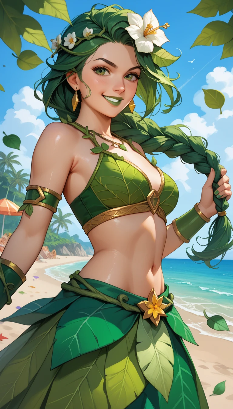 An anime character with green skin, (((green skin))), 35-year-old woman, elf ears, sea creature, scales, coming out of the water, minimal clothes, tiny thong, green hair, bare thigh, navel banding on the breasts, perfect body, large breasts, sexy pose, coming out of the water