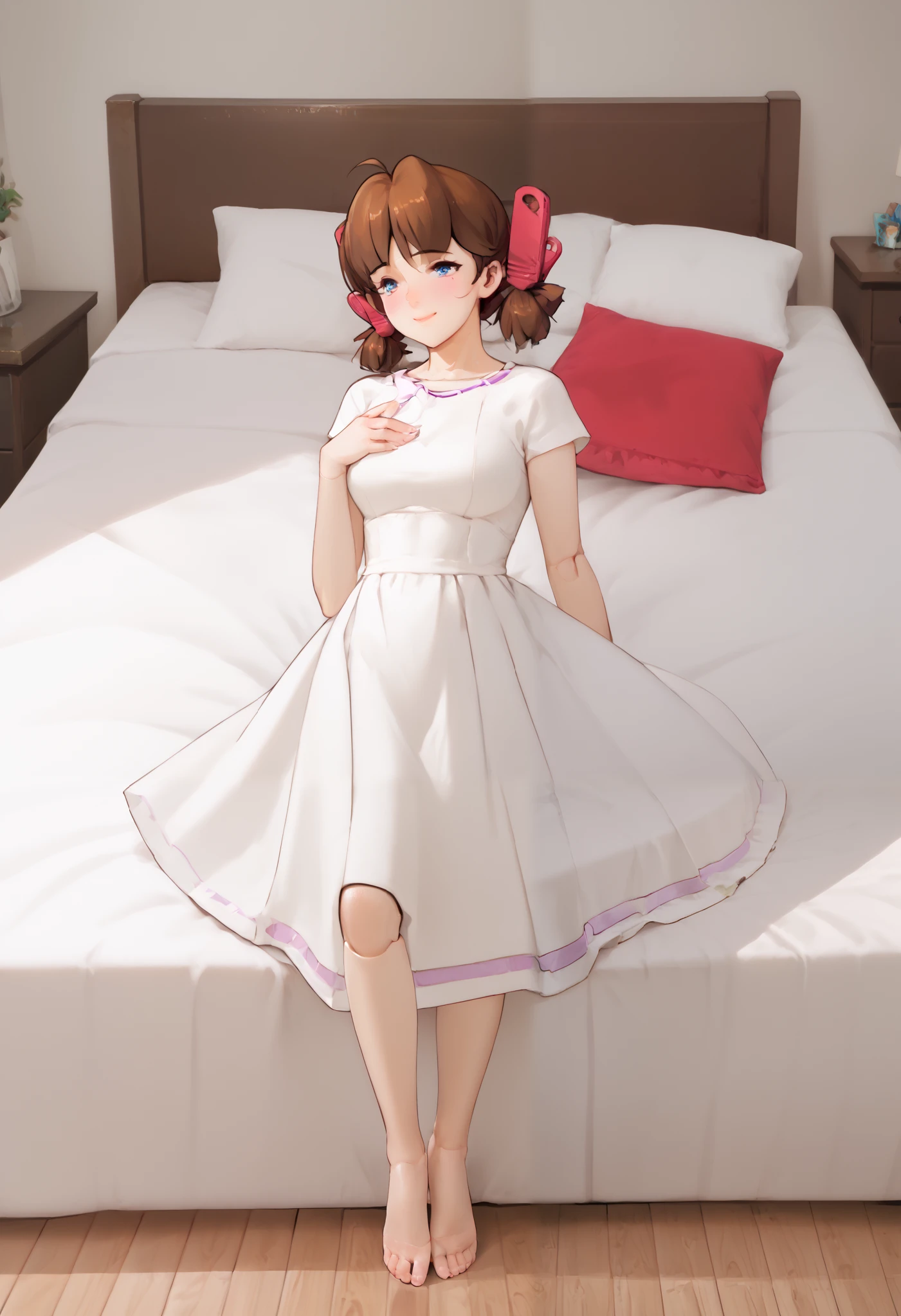 A girl is in the bedroom, joint seam, height 160 cm mechanical lady, skin pigment , she gets ecstasy, very short pigtails, brown hair, Hair tie with two red big red clothespins, mature, android, blue eyes, full body figure, flushed cheeks, 2020s anime picture, barefoot. She wears nothing and her simple white dress is near her. Her skirt is flips up with strong wind. from top view. She shows her white pantie exhibition. Gymnastic Bridge. She is laying in the bed and invites into the bed.
