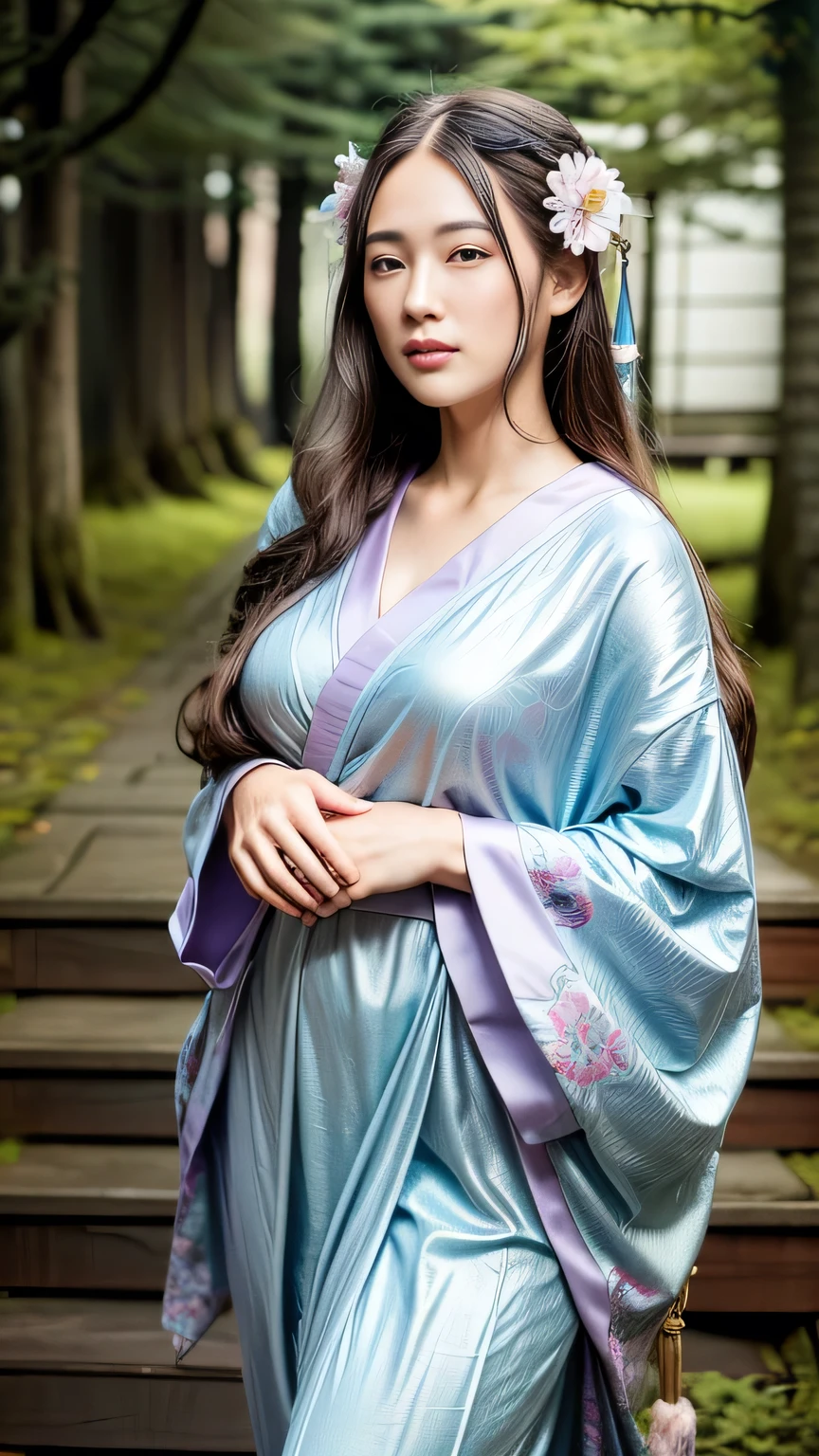 A seductive and mysterious girl with long dark hair, dressed in traditional Japanese clothing, standing in a moonlit forest. The illustration is inspired by the character Ragawa Kiriko from the manga series "Akatsuki no Yona". The artwork is highly detailed and realistic, with intricate patterns on her kimono and soft lighting. Created by artist WLOP using digital painting techniques. (Concept art, 4k resolution)