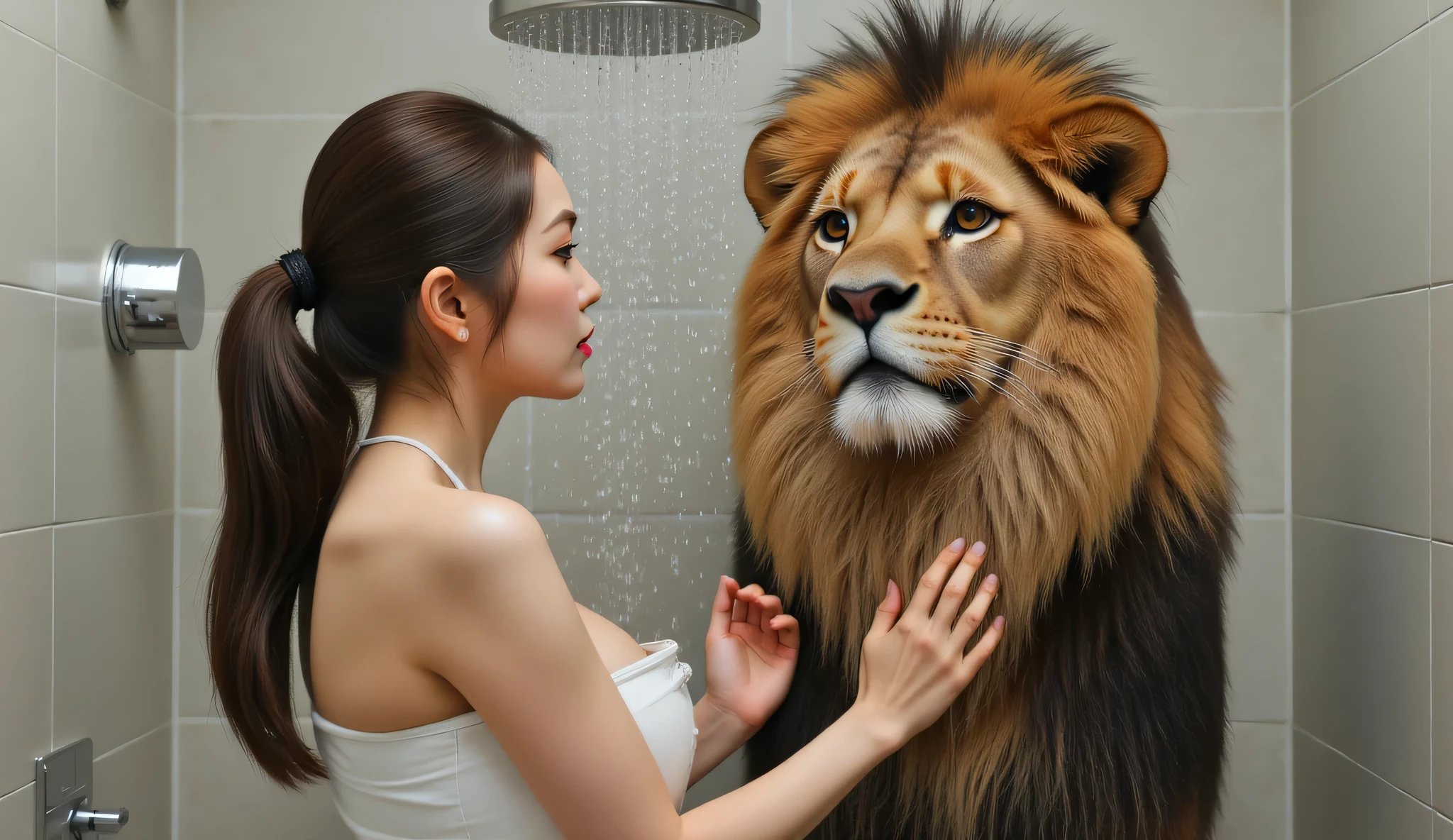 (1 realistic woman), (From bottom to top), is bathing a lion using a shower in the bathroom. The lion's body is wet from the shower water from above his body.