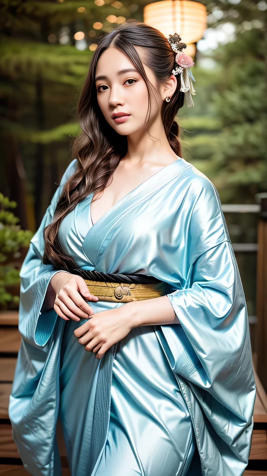 A seductive and mysterious girl with long dark hair, dressed in traditional Japanese clothing, standing in a moonlit forest. The illustration is inspired by the character Ragawa Kiriko from the manga series "Akatsuki no Yona". The artwork is highly detailed and realistic, with intricate patterns on her kimono and soft lighting. Created by artist WLOP using digital painting techniques. (Concept art, 4k resolution)