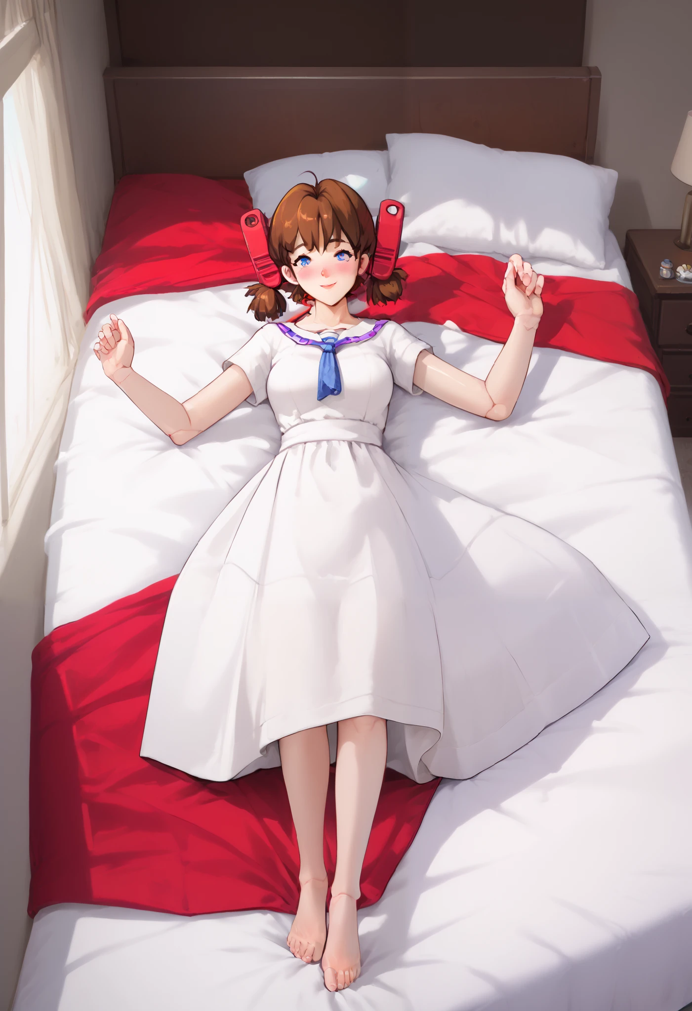 A girl is in the bedroom, joint seam, height 160 cm mechanical lady, skin pigment , she gets ecstasy, very short pigtails, brown hair, Hair tie with two red big red clothespins, mature, android, blue eyes, full body figure, flushed cheeks, 2020s anime picture, barefoot. She wears nothing and her simple white dress is near her. Her skirt is flips up with strong wind. from top view. She shows her white pantie exhibition. Gymnastic Bridge. She is laying in the bed and invites into the bed.
