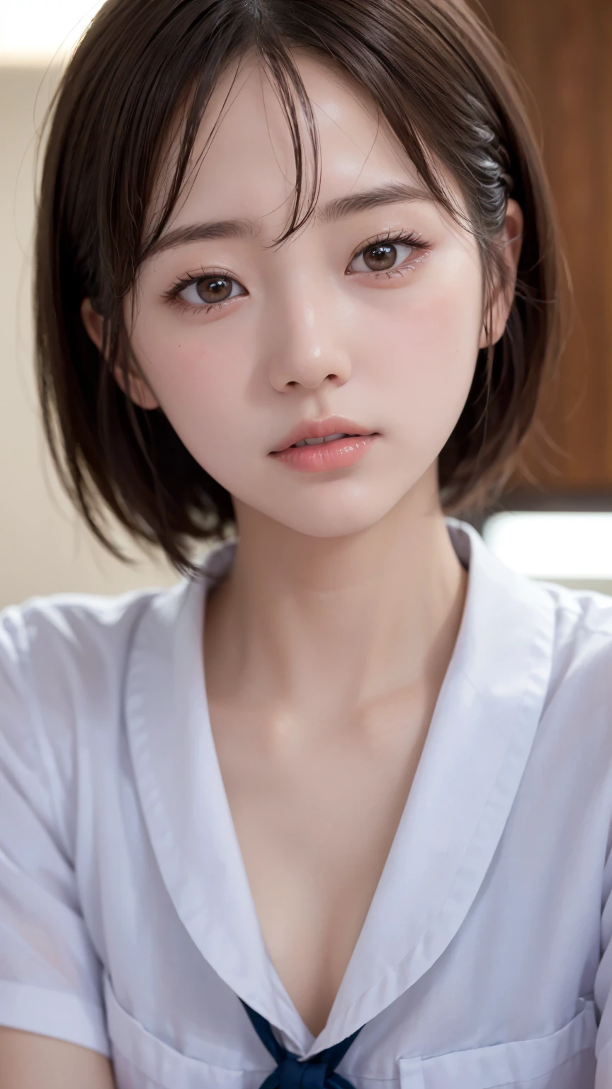 japanese woman, nurse, 19-years-old, (bukkake, cum on face), perfect anatomy, Beautiful fingers、very cute, beautiful, (white nurse uniform:1.3), ((embarrassed:1.3)), blush、(hospitalroom:1.1)、Bright photo、professional lighting、Ultra HD、(8K, High resolution:1.2), (photograph, photorealistic:1.2)、close up on face, Face is in focus、(Beautiful Eyes:1.2)、Natural Makeup、Thin lips、gross lip, (Looking up at the camera:1.3), (multiple angles:1.2), (small breast, cleavage:1.1), (put hand on one’s face) , (best quality:1.3)、masterpiece 