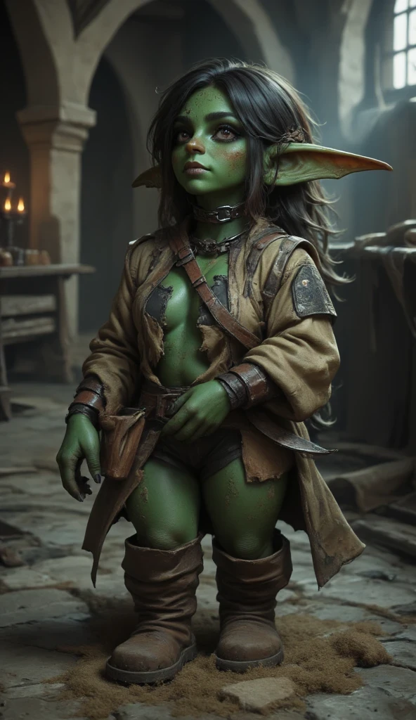 full shot of a short goblin slave girl with green skin, dirty face and body, black very long hair, attractive body, slave chain collar on her neck, her clothes are worn out and ripped, green skin color, medieval room background