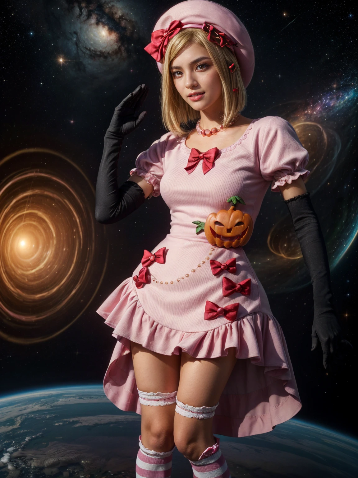 (1 lady), The beautiful, (Best quality at best:1.4), (ultra - detailed), (extremely detailed CG unified 16k), gold blonde hair, very detailed, High-definition RAW color photo, professional photoshooting, amazing face and eyes, cosmetics, (amazingly beautiful girl), ((lambdadelta, taller, tall woman)), ((dress, shoes bow, red shoes, striped stockings, red bow, pink hat, necklace, gloves, pearl, pumpkin brooch, pink dress)), levitating in a cute posture (floating in the air), (She's levitating in a cosmic sea, outer space:1.3, quantum hyperspace room lacking walls, hyperspace chamber, extremely detailed background, a lot of details background, realistic background), (look from above), realistic cinematic face, head to feet long wide zoomed out view, full body long view, photorealistic, ((realistic natural blonde hair style, red eyes)), gorgeous, extremely beautiful face, perfect model beauty, pout mouth, Highly Detailed Face and Skin Texture, Detailed Eyes, Double Eyelids, Big Breasts, Persistent Stare, Faith Trance, (mystical stare, looking eternity), (masterpiece), best quality, high resolution, depth of field, cinematic lighting, amazing legs, pink combat boots, clear and well-cared skin