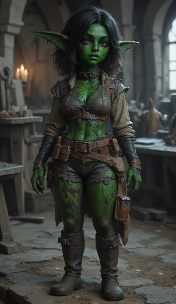 full shot of a short goblin slave girl with green skin, dirty face and body, black very long hair, attractive body, slave chain collar on her neck, her clothes are worn out and ripped, green skin color, medieval room background
