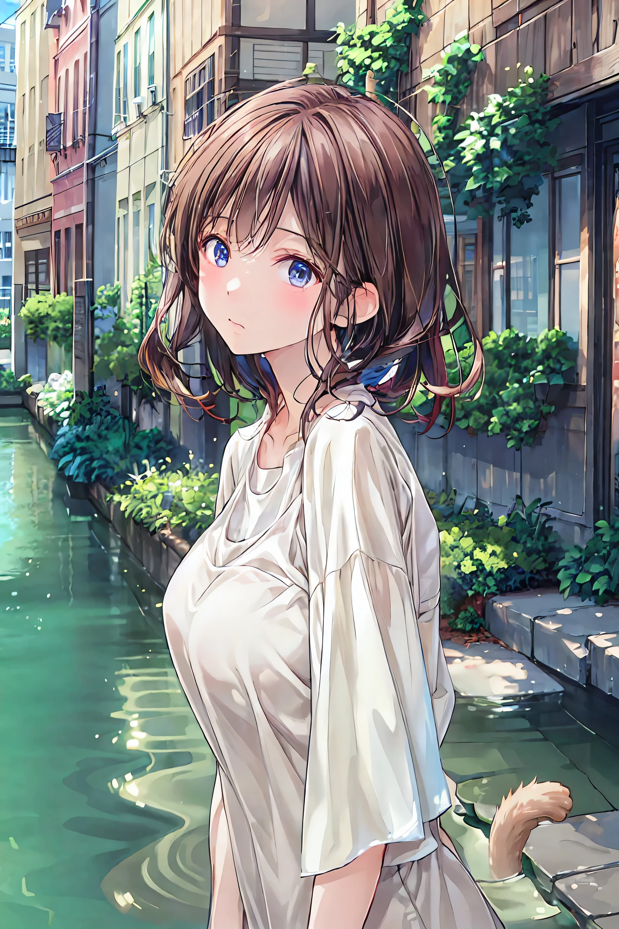 ((Cat)),Seaside town,in 8K,large file size,Overlooking the cityscape , Midnight,Details,pastel colors,shooting star,ripple,long hair, realistic,professional,bokeh,Deep Focus,Details,photo shoot,digital art,Masterpiece,Fine art, fantasy
