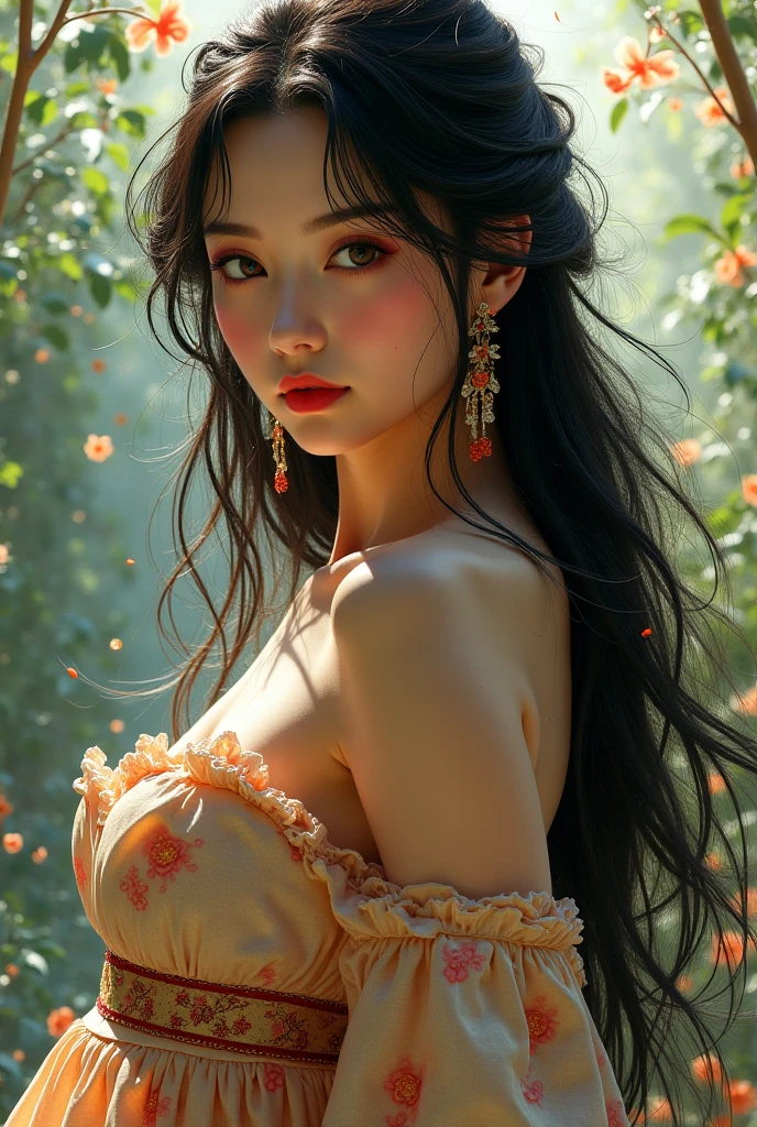 cover, Hyper-detailed painting, Model, luminism, half body, bar lighting, very long black hair, Embroidery, complex, head and shoulders portrait, very small breasts, perfect body, small bust, bare breasts, bust discovered, fairy tale village, Conceptual portrait in 4k resolution of an American woman with long hair made by Greg Rutkowski, artegerm, Oh!, Alphonse Mucha