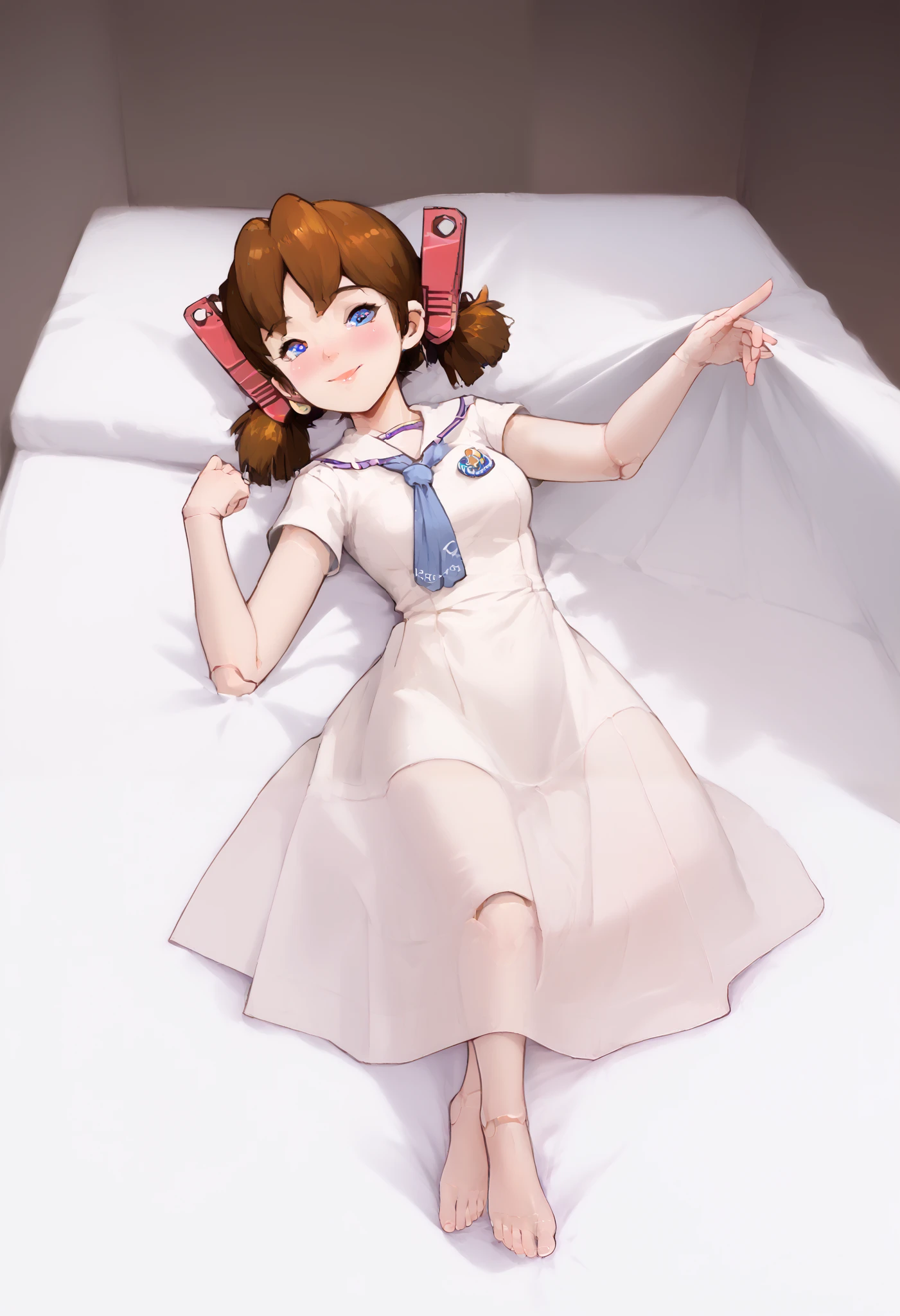  A girl is in the bedroom, joint seam, height 160 cm mechanical lady, skin pigment , she gets ecstasy, very short pigtails, brown hair, Hair tie with two red big red clothespins, mature, android, blue eyes, full body figure, flushed cheeks, 2020s anime picture, barefoot. She wears nothing and  her simple white dress is near her. Her skirt is flips up with strong wind. from top view. She shows her white pantie exhibition. Gymnastic Bridge. She is laying in the bed and invites into the bed.