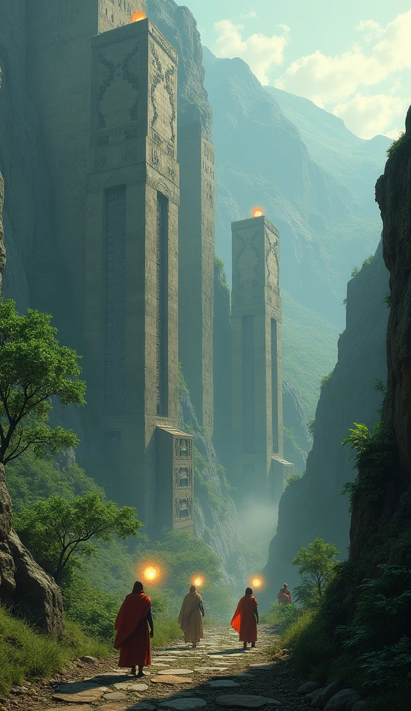 "A dramatic digital painting of an ancient, advanced civilization hidden in the mountains of India. Towering structures made of stone and metal rise above lush greenery, with mysterious figures in long robes walking beneath glowing orbs, symbolizing lost knowledge."
