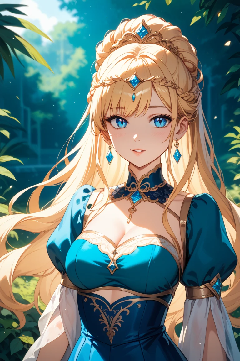 A close cross between a traditional painting and modern digital art, this masterpiece showcases intricate details and exquisite brushstrokes, merged seamlessly with subtle shading and depth effects. The subject, a solo figure of a woman in a stunning rococo ballgown, is depicted with a sophisticated and delicate face, framed by long, cascading curls. Her voluminous hoop skirt, adorned with beautiful embroidery and jewels, creates a sense of elegance and grandeur. The background, a breathtaking fantasy castle, sets the stage for an outdoor scene filled with lush greenery and a picturesque sunset. The overall artistic style remains traditional, yet the
