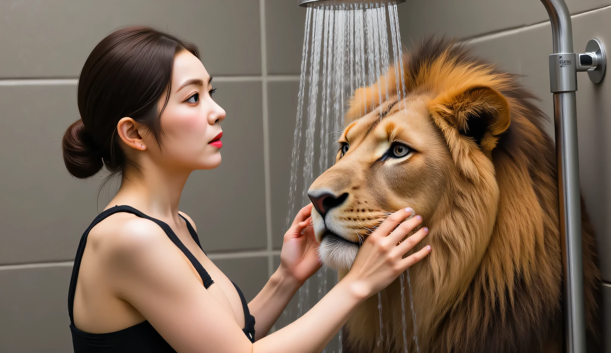 (1 realistic woman), (From bottom to top), is bathing a lion using a shower in the bathroom. The lion's body is wet from the shower water from above his body.