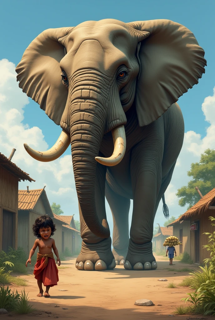 A very thin and poor man is making an elephant out of vegetables near a temple and is sitting next to the elephant