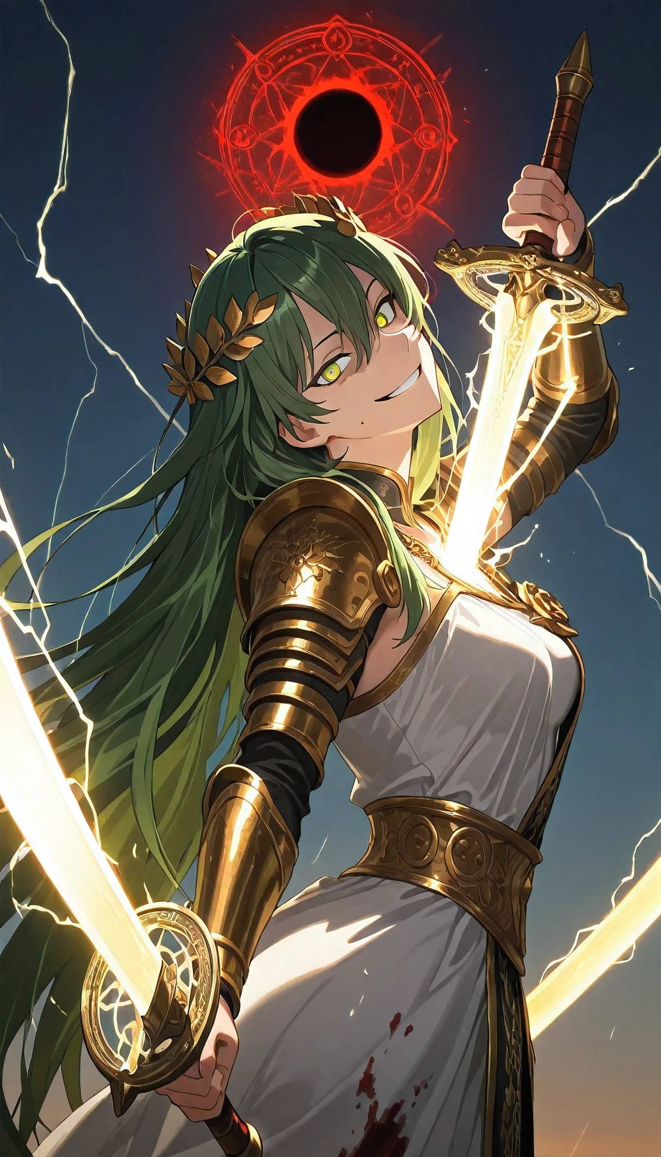(upper body shot, close up shot, solo:1.0), extremely detailed. (sword dance, sword circle, magical network, detailed background, magic circle,magic array:1.13), detailxl, Anime illustration, detailed anime artstyle, cinematic, volumetric lighting, clear sky, massive magical aura, moonlight, cold light, colorful, light reflection, (beautiful, maiden, antagonist, villainess, head tilt, looking over her shoulder, teasing, death glare, death stare, flirty, romantic, french, royalty, sultry, (standing, dynamic pose:1.1):1.2), (glaring at viewer, side eye side profile, from the side, looking at viewer, head tilted upwards:1.0), (1girl:1.08), mature, chaos warrior, adolescent, detailed skin, extremely detailed eyes, dynamic pose, aura swords, armor, green hair, very long hair, messy hair, hair flowing in the wind,  green eyes, golden eyes, long hair, crazy smile, yandere, gesugao, tsurime, (uniform, royal assassin, magical warrior, white royal dress, royal ornate greek dress, black and gold trimming, black and gold lining:1.03), laurel crown, (assassin french dress, blood stained clothes:1.2), bloody sun, red sun, warrioress, goddess, god of war, bringer of destruction, small breasts, array of swords, sword array, sword magic, dual wielding, wielding swords, lightblades, (magical swords, magic, wielding magic, wielding swords, lightning eyes:1.3)