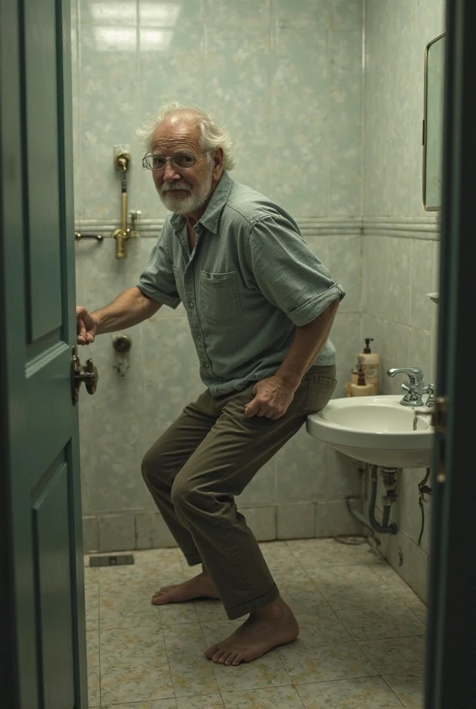 Kevin Chamberlin in fuzzy pajamas clutching his crotch, a sign with text 'Bathroom' on the wall, with a rear view of Cameron Boyce peeing on the toilet.