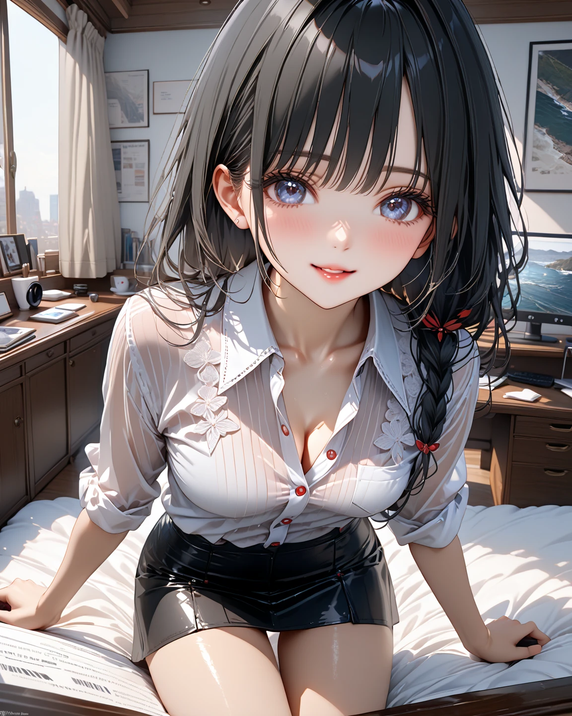 (best quality, 4K, high resolution, masterpiece:1.2, Extremely detailed),Large Breasts,30 years old girl,独奏,black hair,long hair,blue eyes,sad,tears,(drunk,blush),sitting,drinking,((Mature sexy body)),Black stockings,Black tight skirt, Mature sexy body,holding mug,counter,pub,