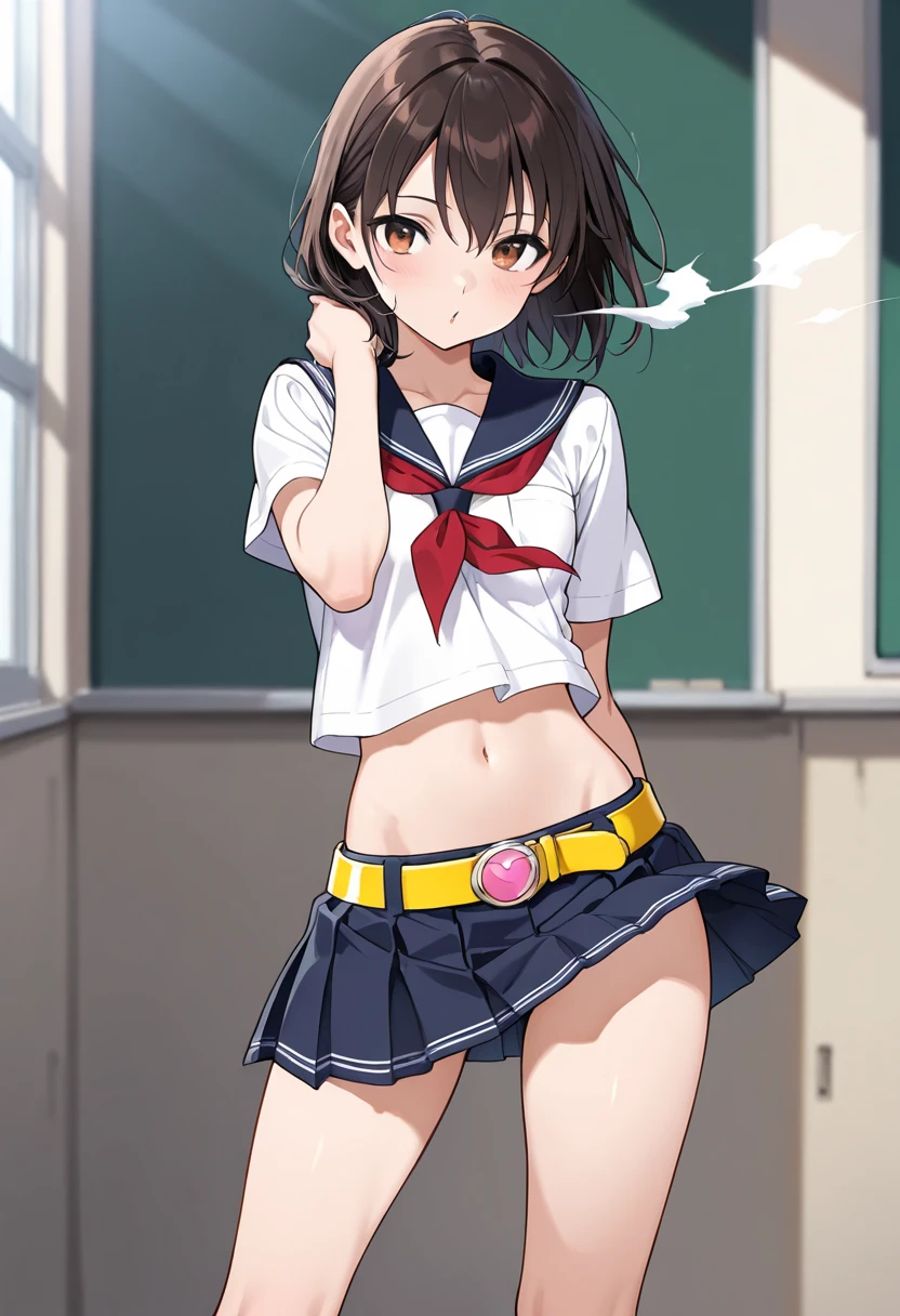 nsfw,alone, (One girl), Elementary school girl,8-year-old, ((White panties)), (wearing only the top half of sailor school uniform),sexy, (Cowboy Shot),  ((Put your arms behind your head)), classroom, With a girl：hair is black and short, Her face is round and cute, Black Hair, short hair, (Are standing),(Shy, Embarrassing),from below,from the front,(pussy juice),