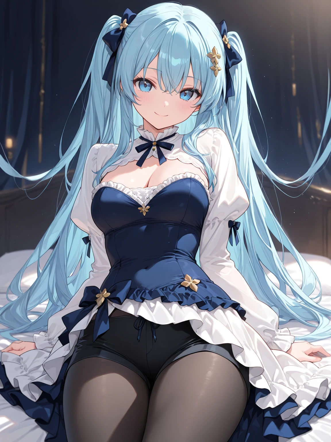 Gorgeous image quality, 8 k, high quality, masterpiece:1.2), ((masterpiece)), (high detail, high quality, Best Image Quality), solo, 1 girl, Konosuba ,aqua, blue hair, Blue eyes, detailed face, Broad smile,open mouth, looks at the viewer,masterpiece, Beautiful art, art style by sciamano240, очень detailed face, detailed hair, detailed clothing, detailed fabric, Beautiful face, wear an open shirt, black Dior thigh-high boots, black pencil skirt, a white blouse, I'm standing, Stooping, necklace, turmoil, classroom