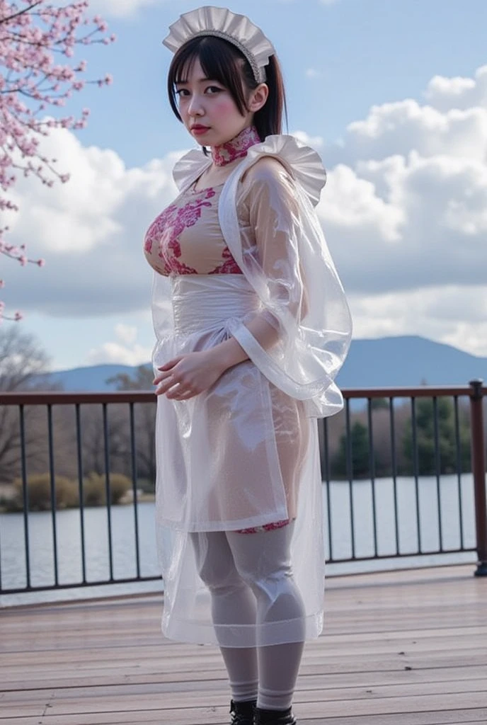 Two good-looking sexy asian beauties with long hair in transparent cheongsam, sticking out tongue, big breasts, realism, seductive pose, full body, standing, long legs, high heels, alley