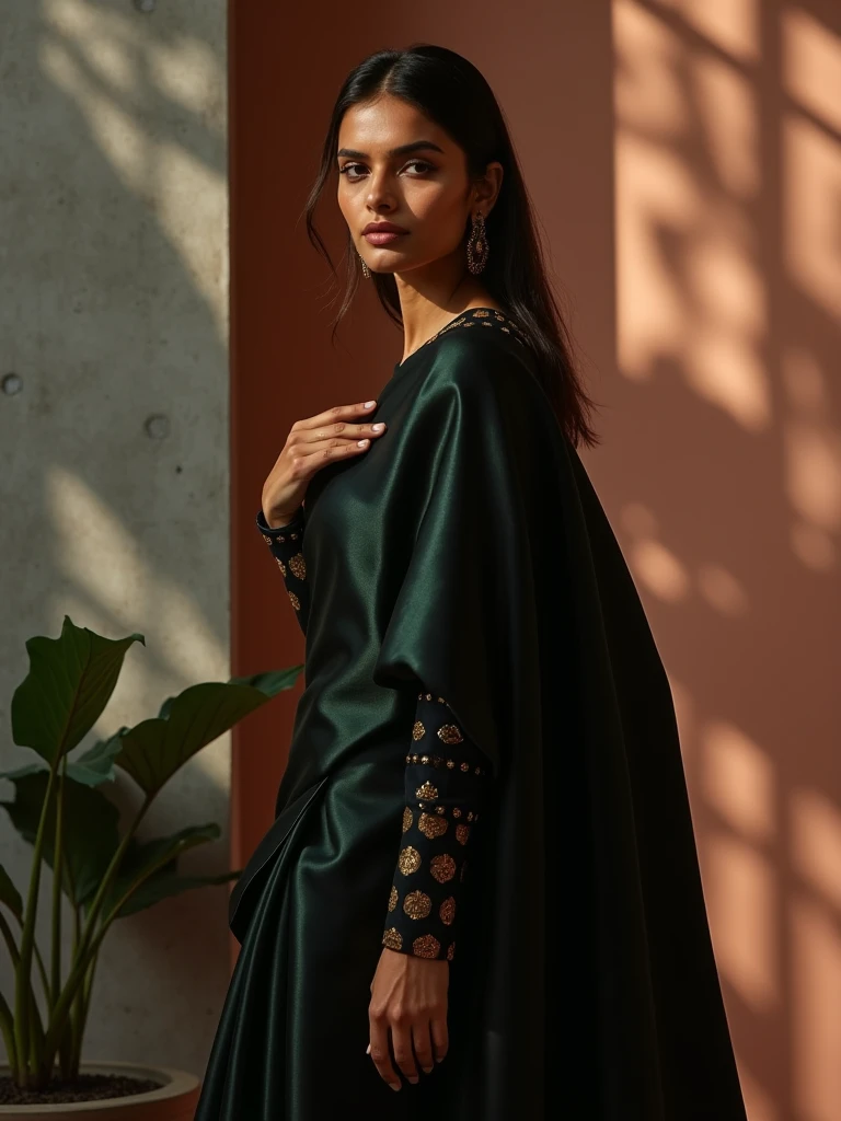 A high-fashion editorial photograph, hyper-realistic and minimalist, capturing a poised beautiful Indian model in her late 20s with striking features and an aura of effortless power. She stands in a sleek, avant-garde studio with  aesthetically placed plants and subtle hints of indian lotus flower reimagined as modern geometric shadows. Her beautiful ensemble is a masterclass in modular luxury: a structured, silk sari-gown hybrid with hidden magnetic panels, allowing the drape to transform into a tailored cape or asymmetrical skirt. The  Her pose is statuesque—one hand resting on something, while her other hand adjusts a single, deliberate fold of the fabric, symbolizing control over customization. Her expression is serene yet commanding, with a gaze that pierces the viewer, lit by dramatic chiaroscuro lighting that carves sharp contrasts between shadow and molten gold accents.  The backdrop blends raw concrete and peach coloured background. Color palette: monochromatic noir with whispers of metallic gold and a single bold accent (deep emerald or burnt sienna). Style echoes Balenciaga’s stark elegance and Gucci’s storytelling subtlety—less literal ‘’, more quiet revolution. 8k resolution, Hasselblad H6D realism, texture-focused: every thread and fold feels tactile. Mood: Unapologetic luxury, where tradition is a whisper and innovation roars.