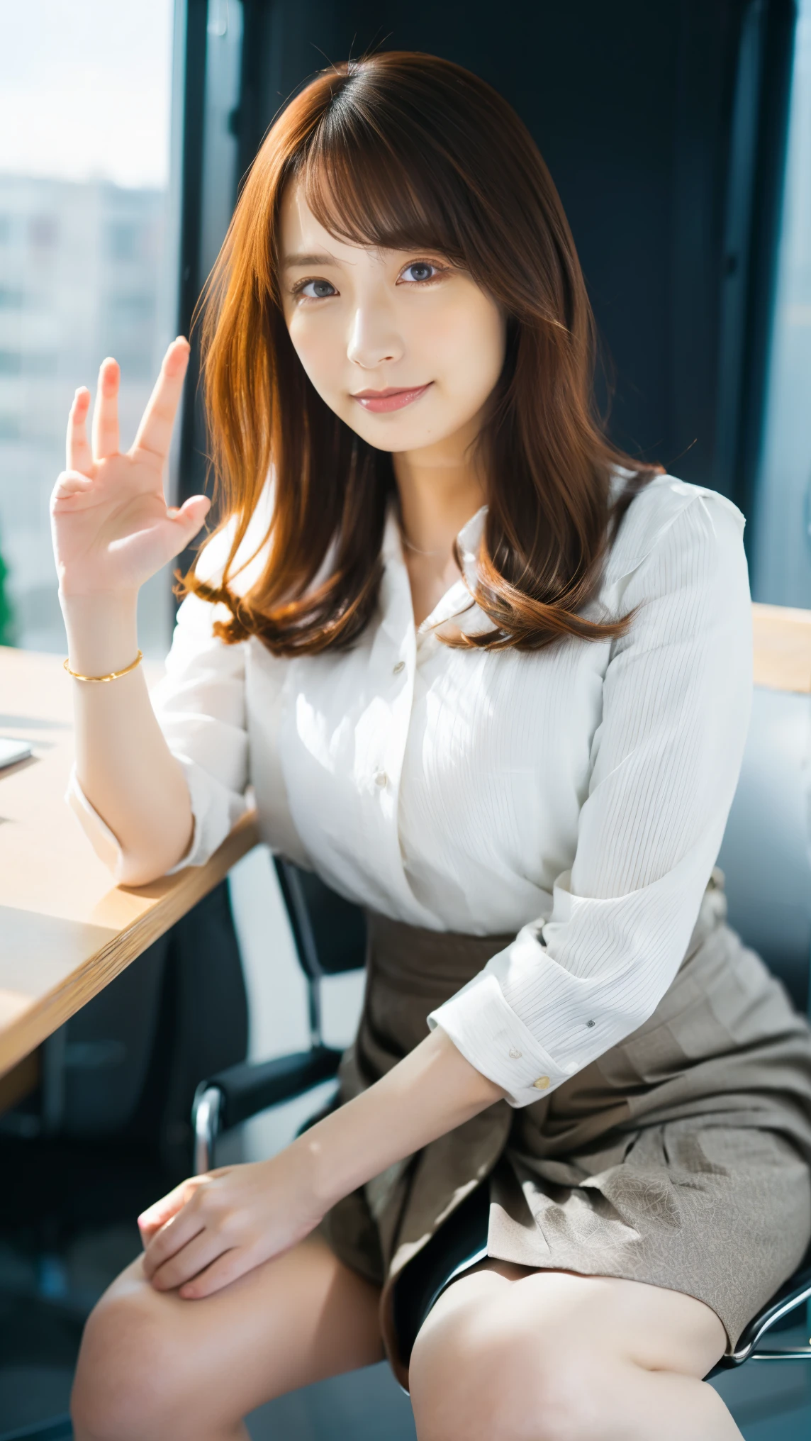 ,( ladies 1), beauty, beautiful face ,smile, 、( front view), Focus on your face , super real, Ultra High Precision , best quality ,8k,masterpiece,(Random Time,),( portrait:1.2),,(Refined colors and shapes of nipples )),, chair,(8k, RAW photo, best quality , :1.2), ( realistic, realistic:1.37), one girl, professional lighting , photon mapping, , RAW photo、( realistic:1.4)、 More detailsな複雑な3Dレンダリング, Studio Soft Light , rimlight, sharp details , More details, realistic skin texture, Detailed aspects, beautiful eye detail , highly detailed CG Unity 16K Wallpaper , Compensate, ( detailed background :1.2) 、 best quality , Ultra High Precision , Age 32, cute face、(( Short Pleated Skirts )), office,chair, shows off her side,raise your hand,