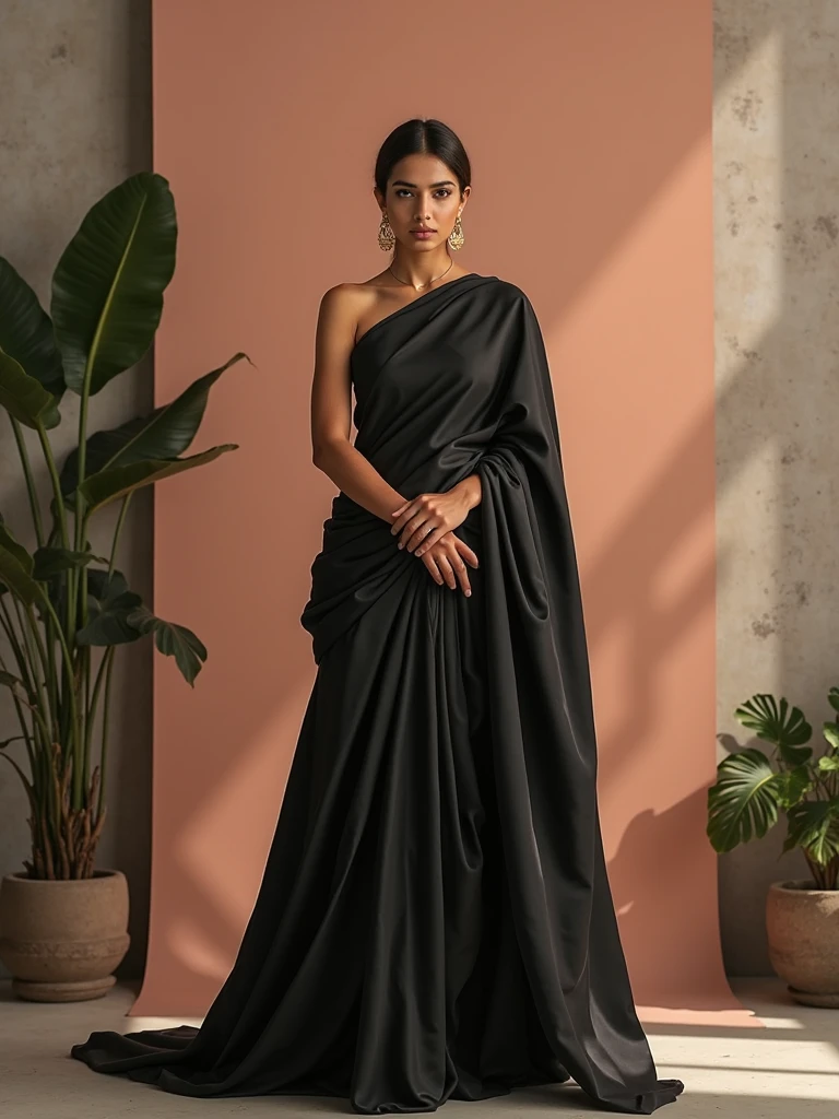 A cute 20 years old indian girl photoshoot , model pose , rough dry face skin , sexy and hot , indian dress black saree , full body view , white wall background with green plants