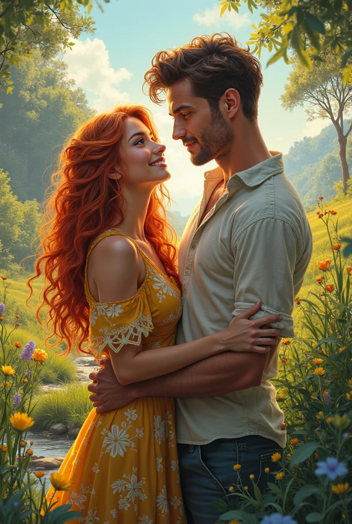 Red head girl with freckles and green eyes and sunflowers standing with a guy with brown hair and blue eyes