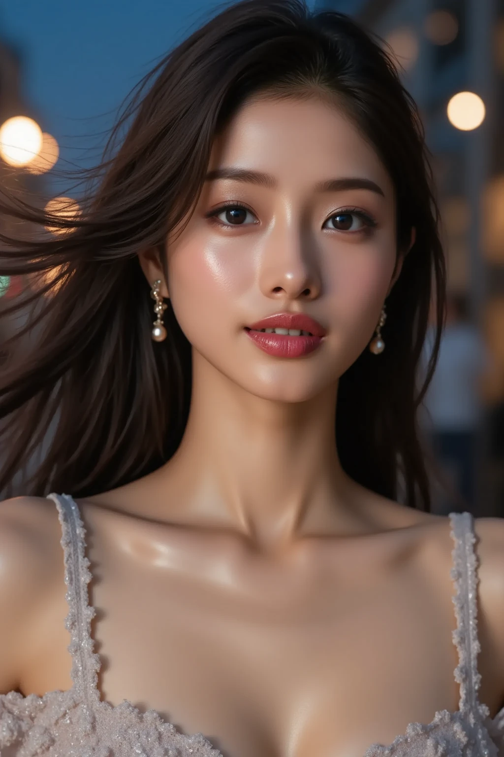 (UHD, retina, masterpiece, accurate, anatomically correct, textured skin, super detail, high details, high quality, best quality, high res, 1080P, HD, 4K, 8k, 16k), (beautiful detailed eyes, beautiful detailed lips, extremely detailed eyes and face), studio lighting, physically-based rendering, vivid colors, (large sexy breasts, glamorous body), (see through dress), (portrait, side cut, shiny hair, shiny skin, blush), (bokeh), eye reflection,, dark atmosphere, highly detailed skin texture, extreme details, perfect breast, dark tanned skin, freckles,