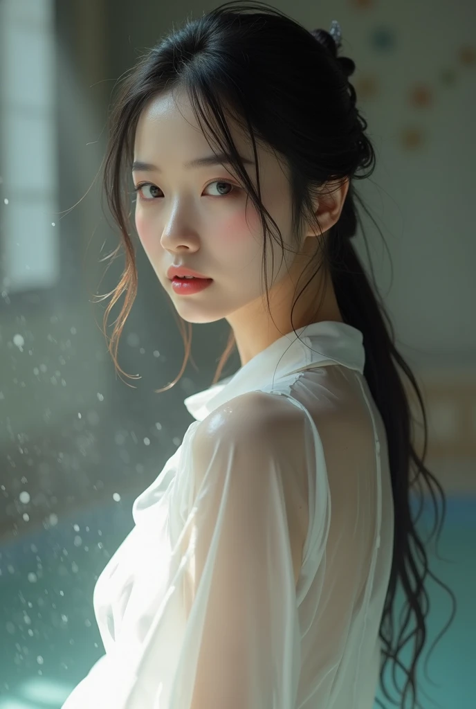 face of a woman coming out of the water in a white tunic with a wet face and only part of her face visible
