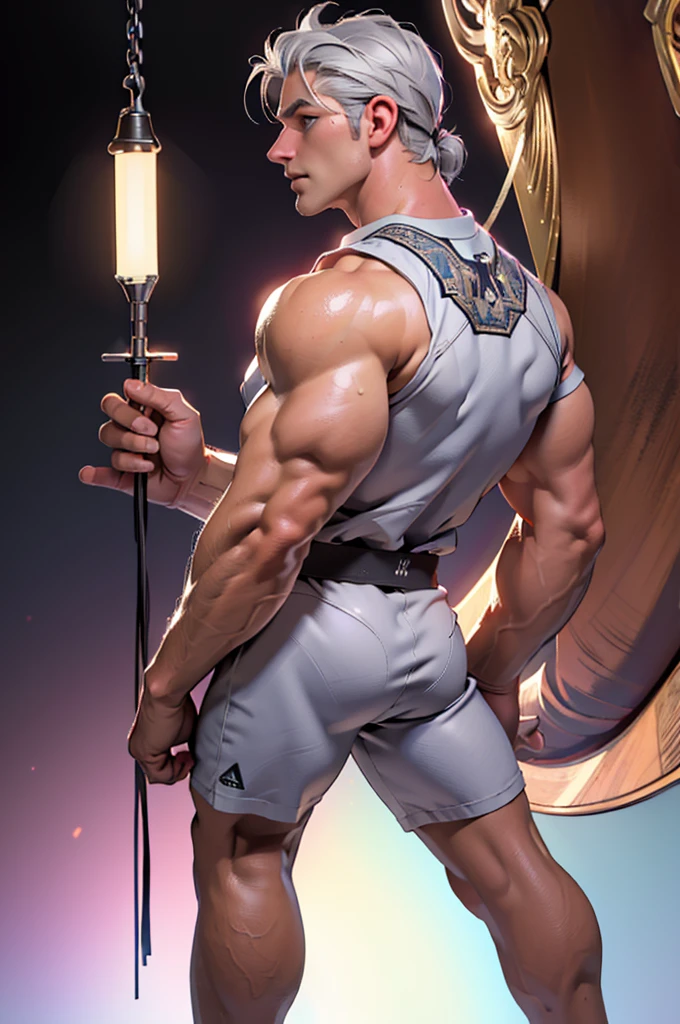 maximum resolution: 1.2), (Ultra HDTV: 1.2), 8K resolution, Eye and skin details, face details, , (Sharp focus: 1, 2), (Prime focus expressions body: 1,2), 1 guy, (No shirt), ((Tight white briefs)), Natural skin, Perfect muscles, 6 pack, Sweat on abdomen and chest