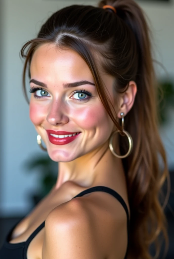 hyperrealistic beautiful busty 19-year-old woman, model shooting full body photography, natural redhead classic bun, freckles, soaky wet skin, dark eye makeup with eyeliner, seductive smile, red lips, 8K, Best quality, Meisterwerk, ultra high resolution, (Realismus: 1.4), Originalfoto, (realistische Hautstruktur: 1.3), (Filmkorn: 1.3), (Selfie-Winkel), 1 girl, Beautiful round hazel eyes and facial details, Meisterwerk, Best quality, indoor photography, showing armpit, arms up, 