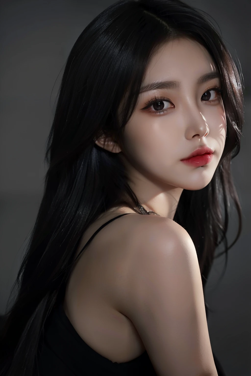 dark colored hair, big eyes, long eyelashes, gray eyes, tail, soft light, 8k, super realism