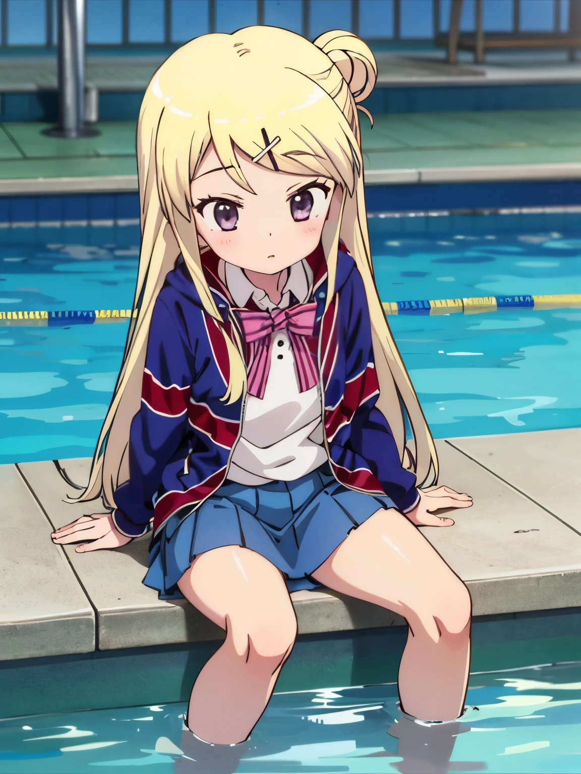1girl solo KUJO KAREN UNION JACK JACKET, a girl with thick thighs in a miniskirt who is unwell, is watching a pool class by the pool, STRIPED BOW, WHITE SHIRT, LONG SLEEVES, PLEATED SKIRT, BLUE SKIRT, KNEEHIGH