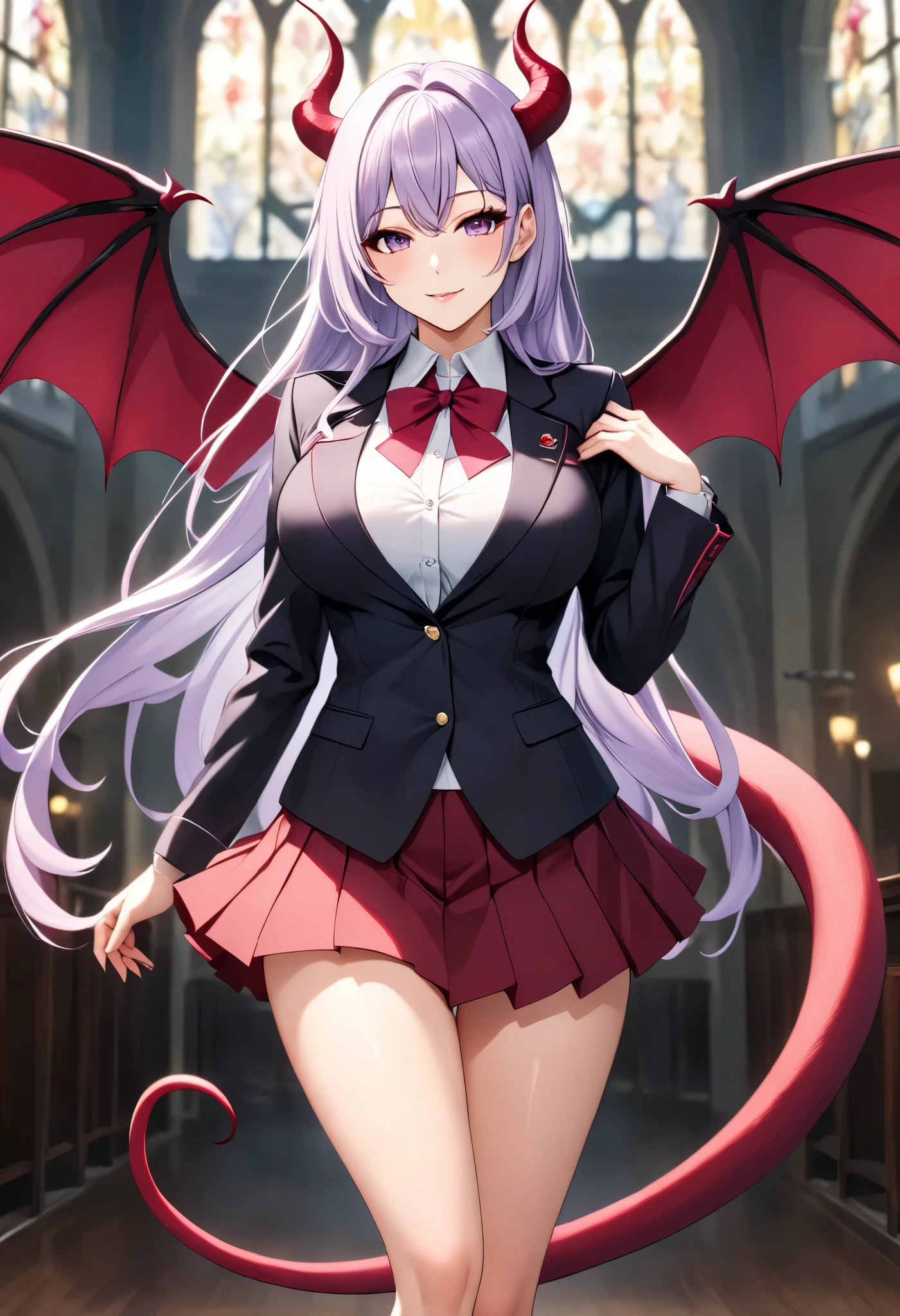 The mysterious transfer student, (Full body composition, dynamic), A mature woman's body, Alone, She's a Succubus transfer student who reincarnated from the Demon Realm, 💘The tail with the tip of, I'm wearing JK's uniform, captivates all male students, "Best regards from today💕"