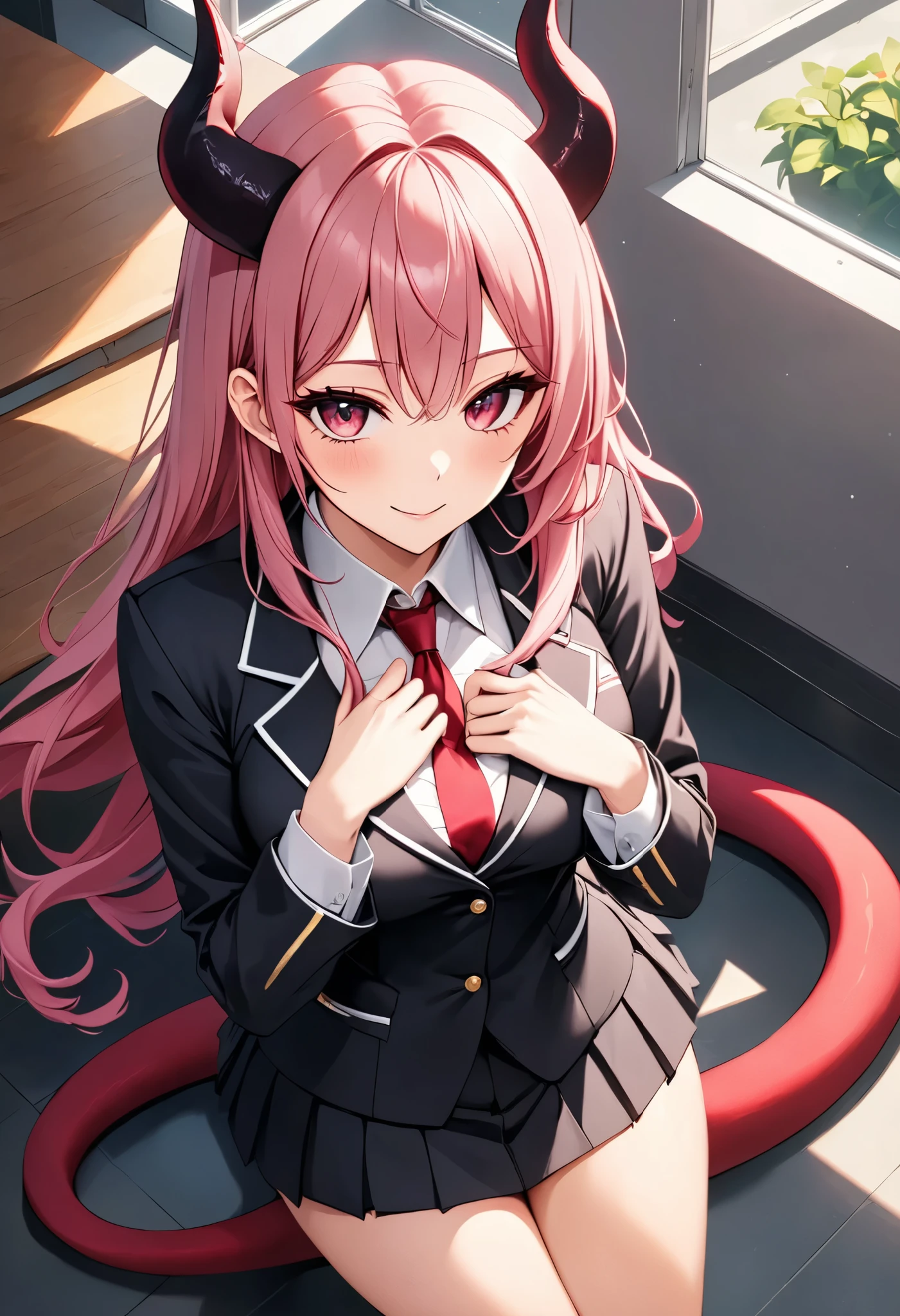 The mysterious transfer student, (Full body composition, from above), Mature female body, Alone, She's a Succubus transfer student who reincarnated from the Demon Realm, 💘The tail with the tip of, I'm wearing JK's uniform, captivates all male students, "Best regards from today💕"