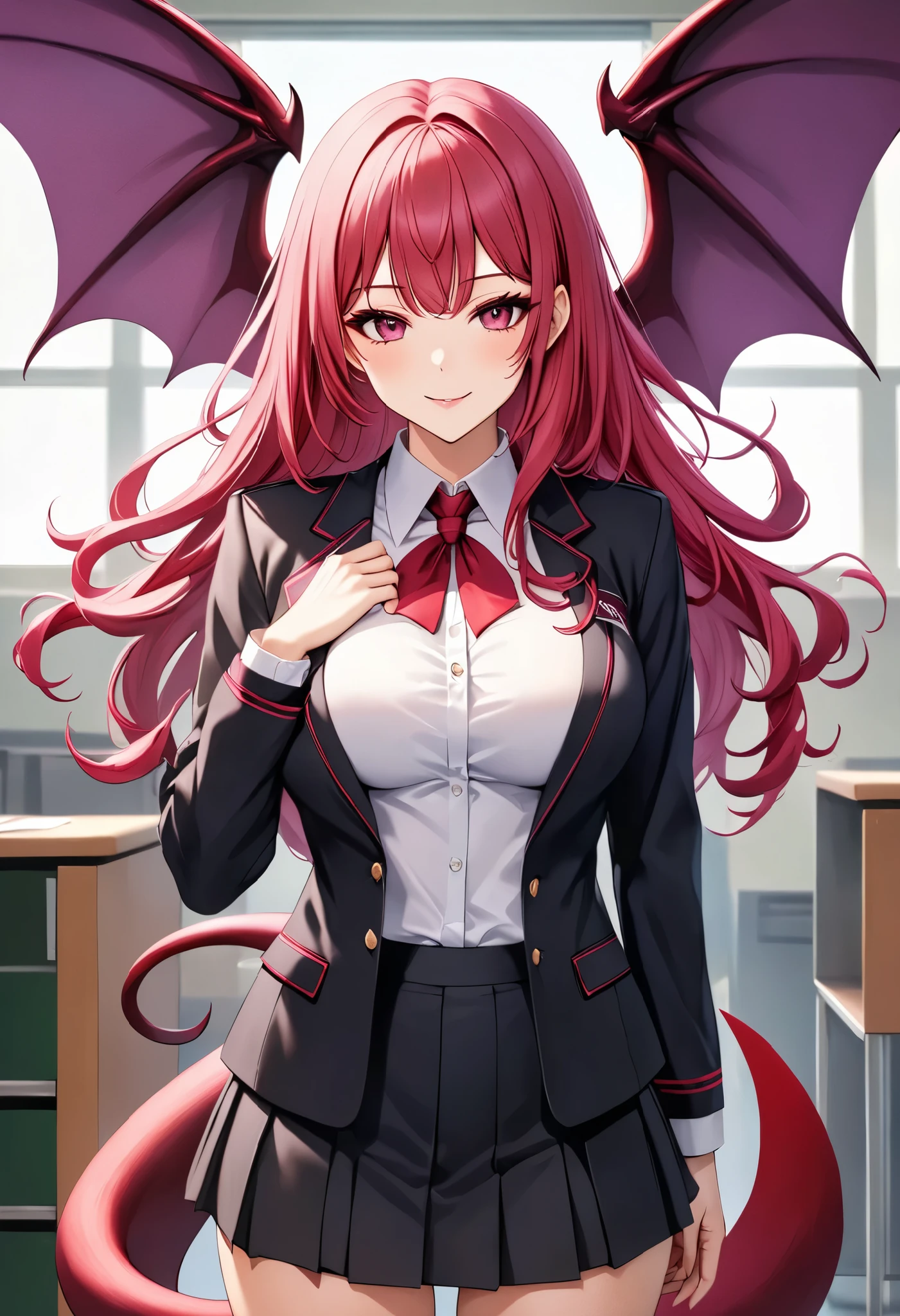 The mysterious transfer student, (Full body composition, dynamic), A mature woman's body, Alone, She's a Succubus transfer student who reincarnated from the Demon Realm, 💘The tail with the tip of, I'm wearing JK's uniform, captivates all male students, "Best regards from today💕"