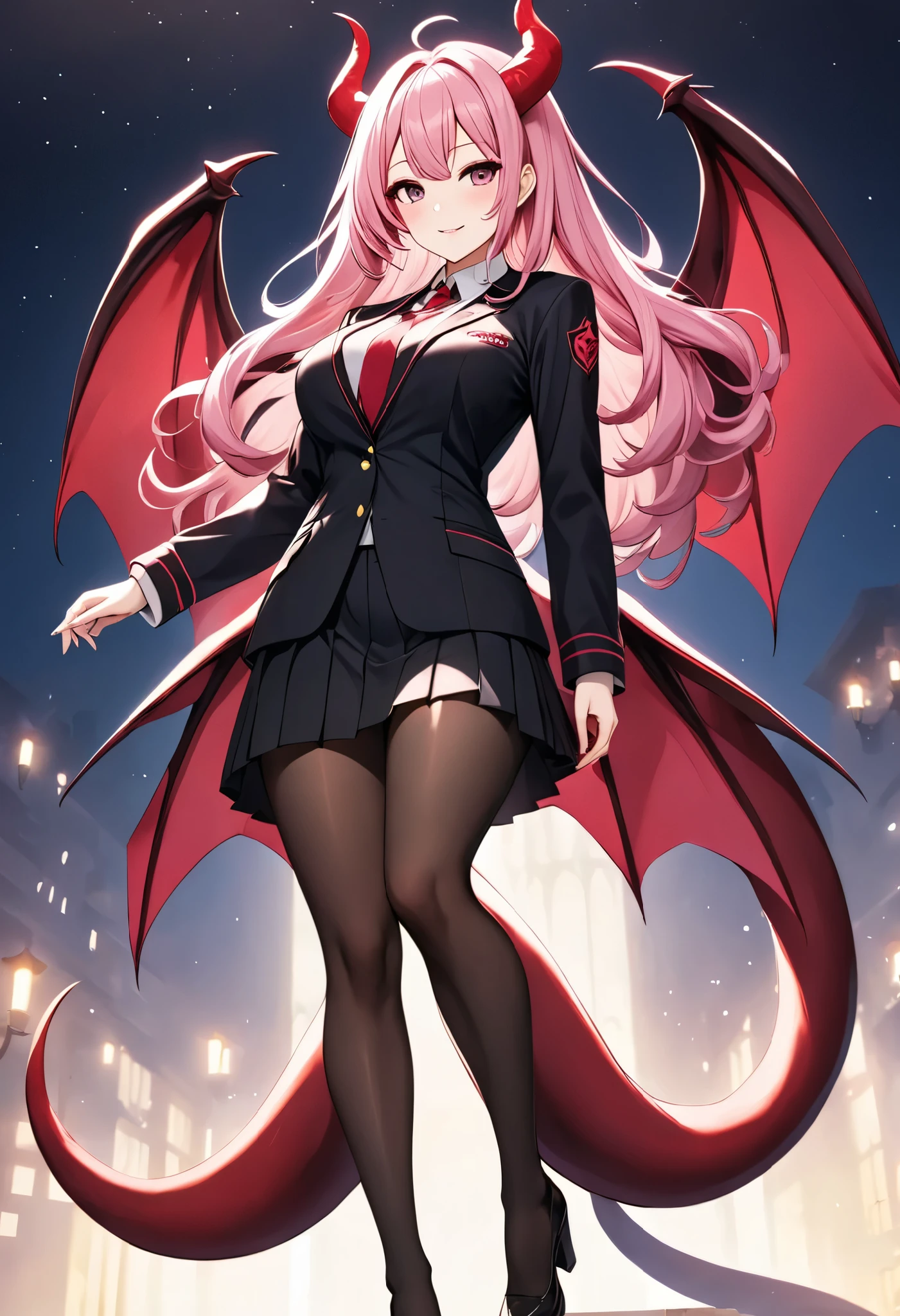 The mysterious transfer student, (Full body composition, from below), Mature female body, Alone, She's a Succubus transfer student who reincarnated from the Demon Realm, 💘The tail with the tip of, I'm wearing JK's uniform, captivates all male students, "Best regards from today💕"
