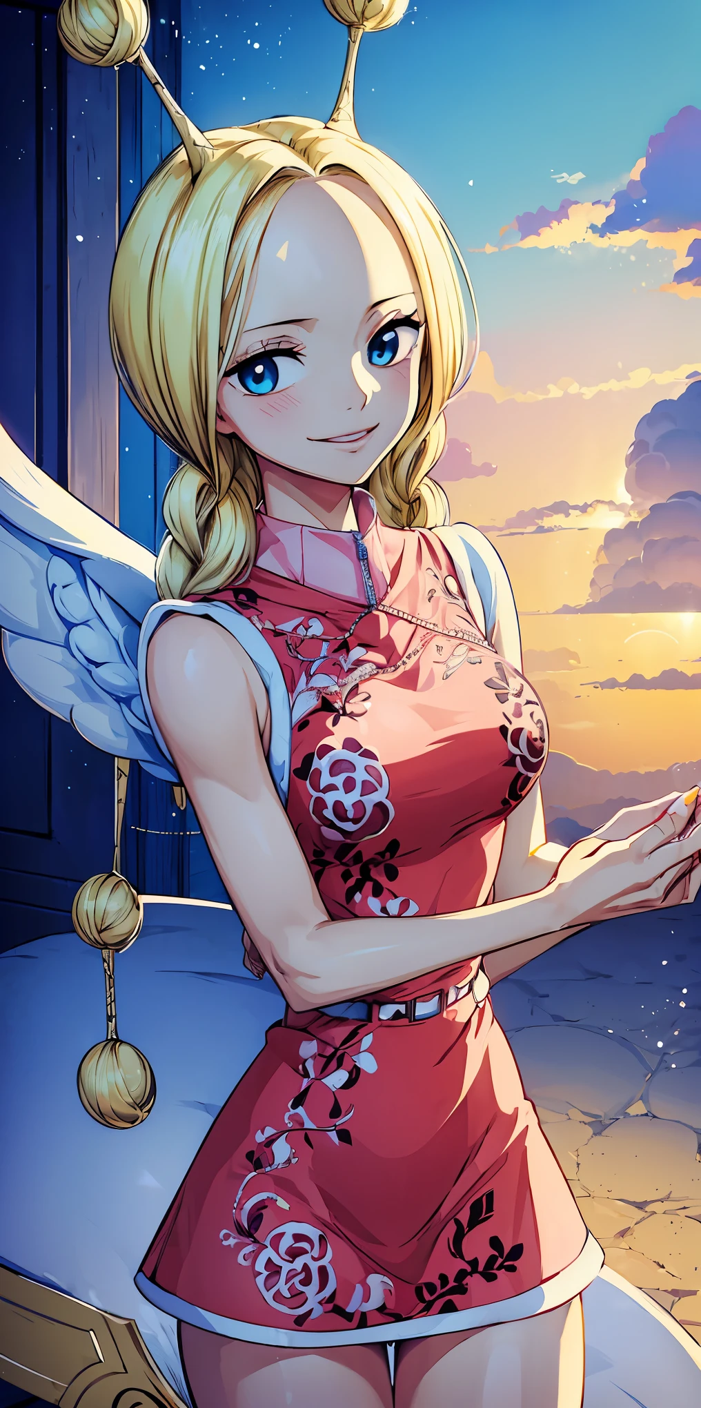 table top, (( very well detailed背景, portrait with delicate patterns , intricate details )), ( very well detailed, Fine details), best quality, beautiful lighting arranged in an orderly manner, (( center of chest, slim girl with good arms)), Corn, one girl, alone, blond with a big face, wing, twin blade , smile, dress , blue eyes, is nice, viewers, smile, ,Sexy pose from above、Heart EX