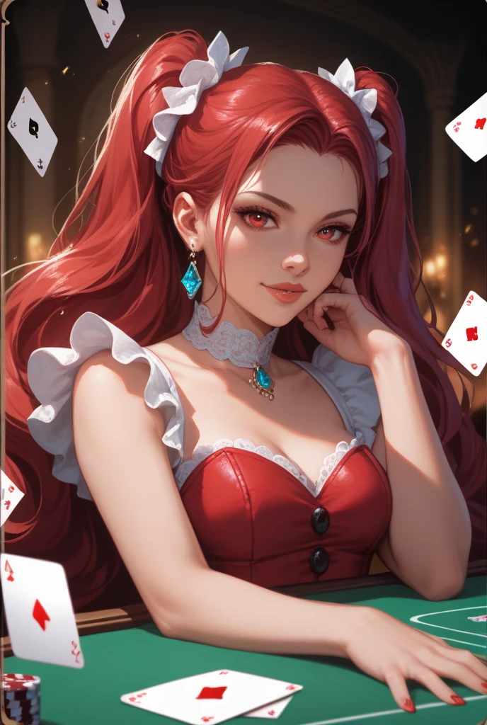 Woman in red dress holding a card and a dice, card art, Card game illustration, Popular topics on cgstation, A beautiful artistic illustration, Wonderful, Boggs, G Liulian art style, Art germ. anime illustration, poker card style, Artistic cover, author：heroes, Game illustration, author：Fan Qi, Samu rice paste