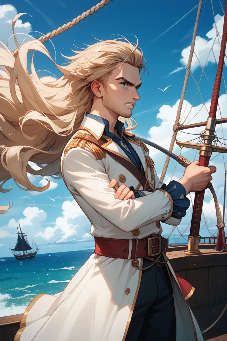 masterpiece, absurdres, best quality ,intricate details , (shiny skin, shiny body, shiny oily luster skin, shiny hair, pale skintone), pirate ship , Sundown , ((1man)), attractive, ((muscular)), adult, one eye patch, tattoo ,white blouse, earrings, brown pants, Parrot on the shoulder , Don't look at the view , Not looking at the view, blonde very long hair