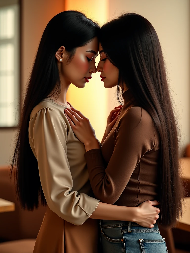 twogirls, Girls kissing, 100 cm, best possible quality, detailded, Kiss, at school, whole body,  outfit, realisitic, real, long hair, detailed outfit, skin detailed, pele realisitic, cabelo detailded e realisitic, , good lighting, real light